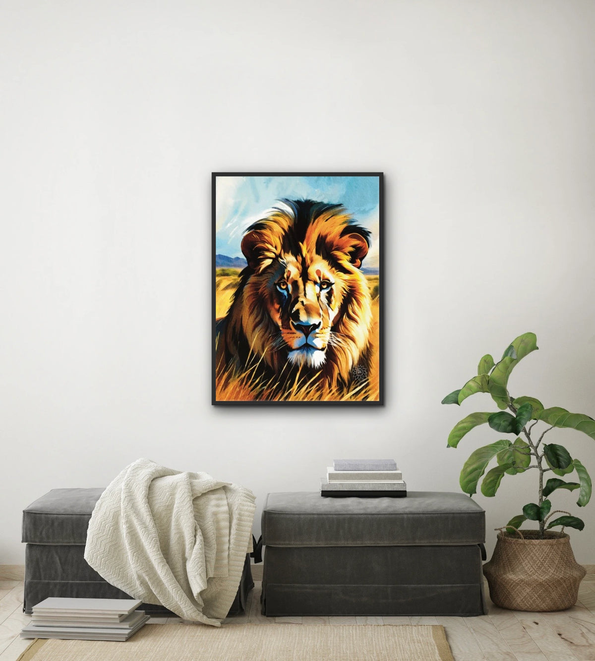 Majestic Lion - large 24 x 36 framed art print shown hanging on a wall