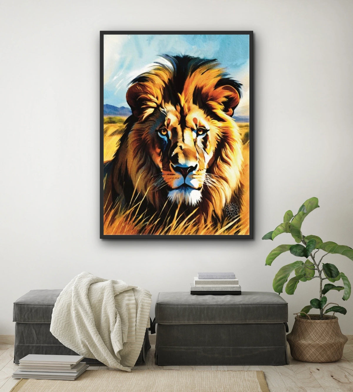 Majestic Lion - extra large 36 x 48 framed art print shown hanging on a wall