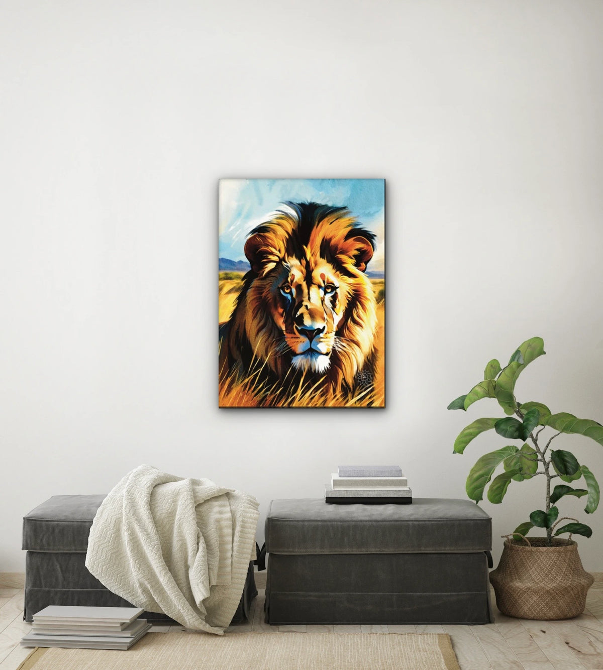Majestic Lion - large 24 x 36 unframed art print shown hanging on a wall