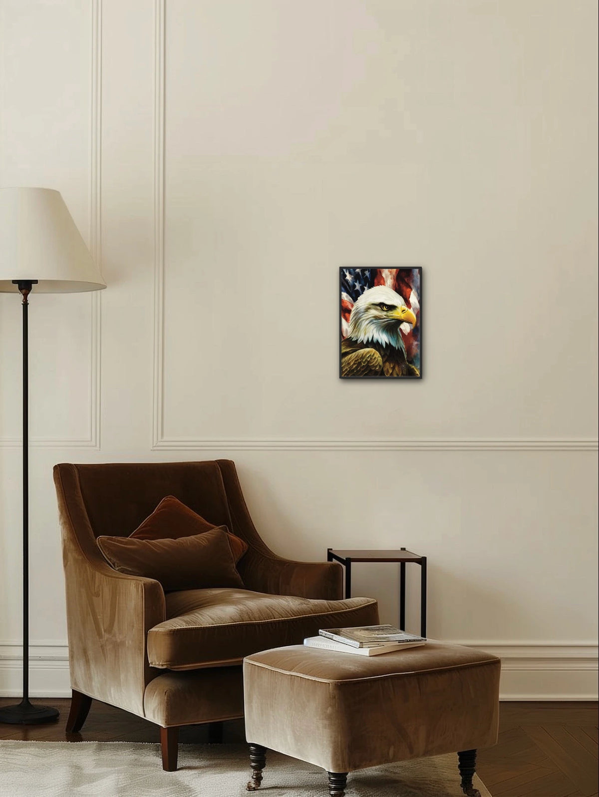 Majestic Whimsical Eagle with Flag - medium 12 x 16 framed art print shown hanging on a wall