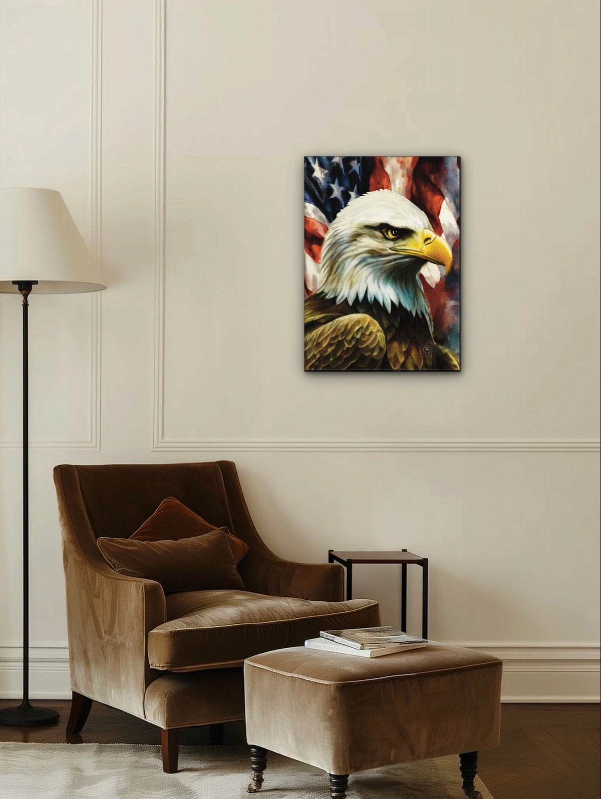 Majestic Whimsical Eagle with Flag - large 24 x 36 unframed art print shown hanging on a wall