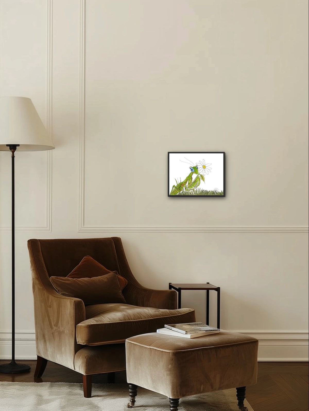 Manny The Praying Mantis - medium 12 x 16 framed art print shown hanging on a wall