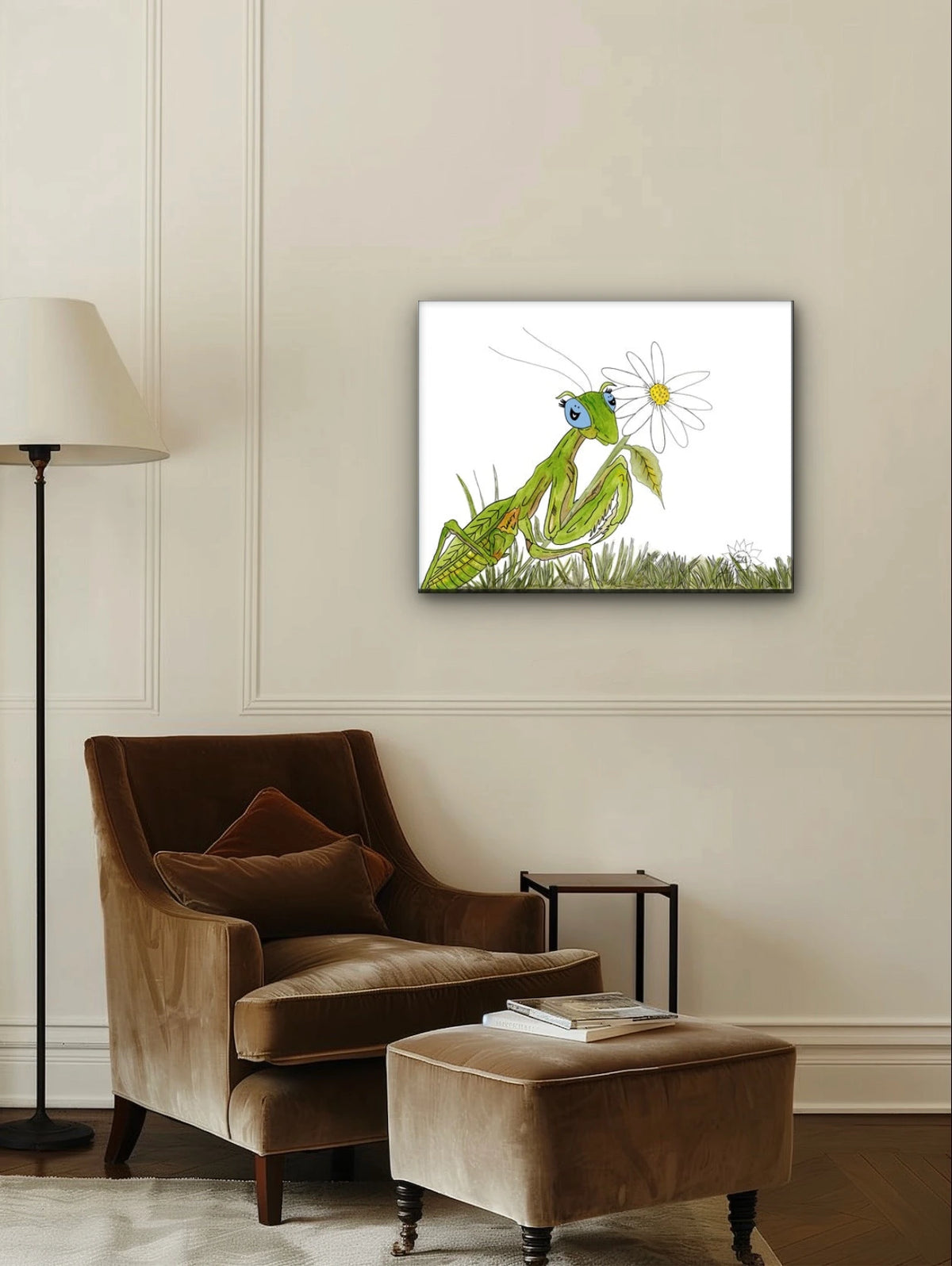 Manny The Praying Mantis - large 24 x 36 unframed art print shown hanging on a wall