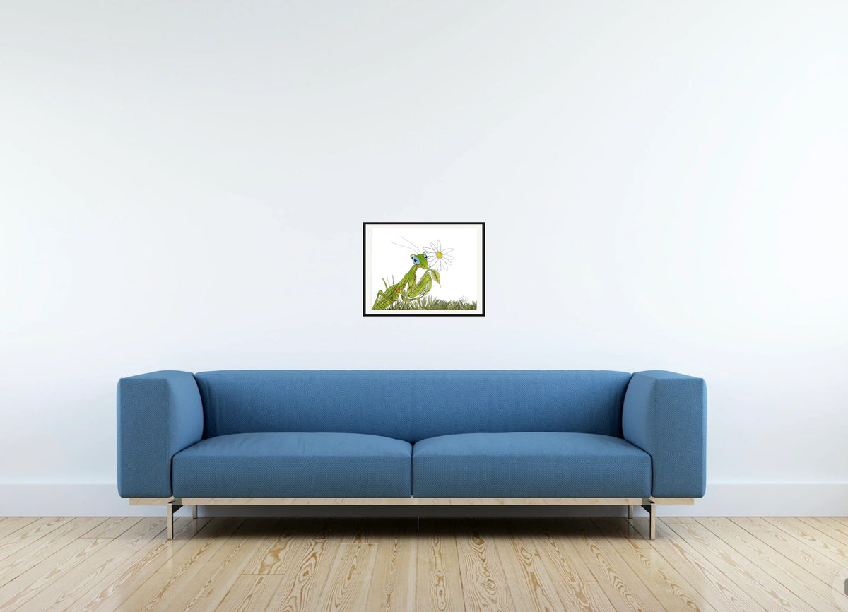 Manny The Praying Mantis - medium 12 x 16 matted and framed art print shown hanging on a wall