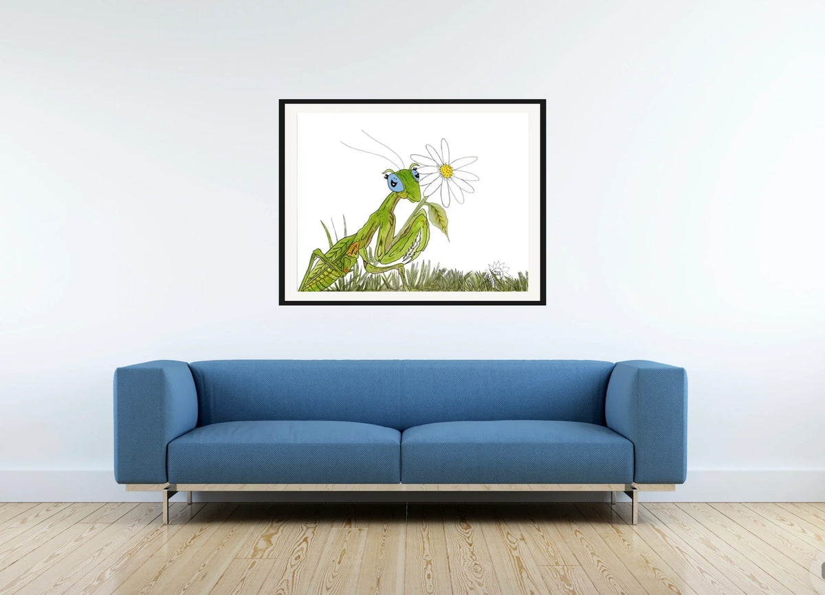 Manny The Praying Mantis - large 24 x 36 matted and framed art print shown hanging on a wall