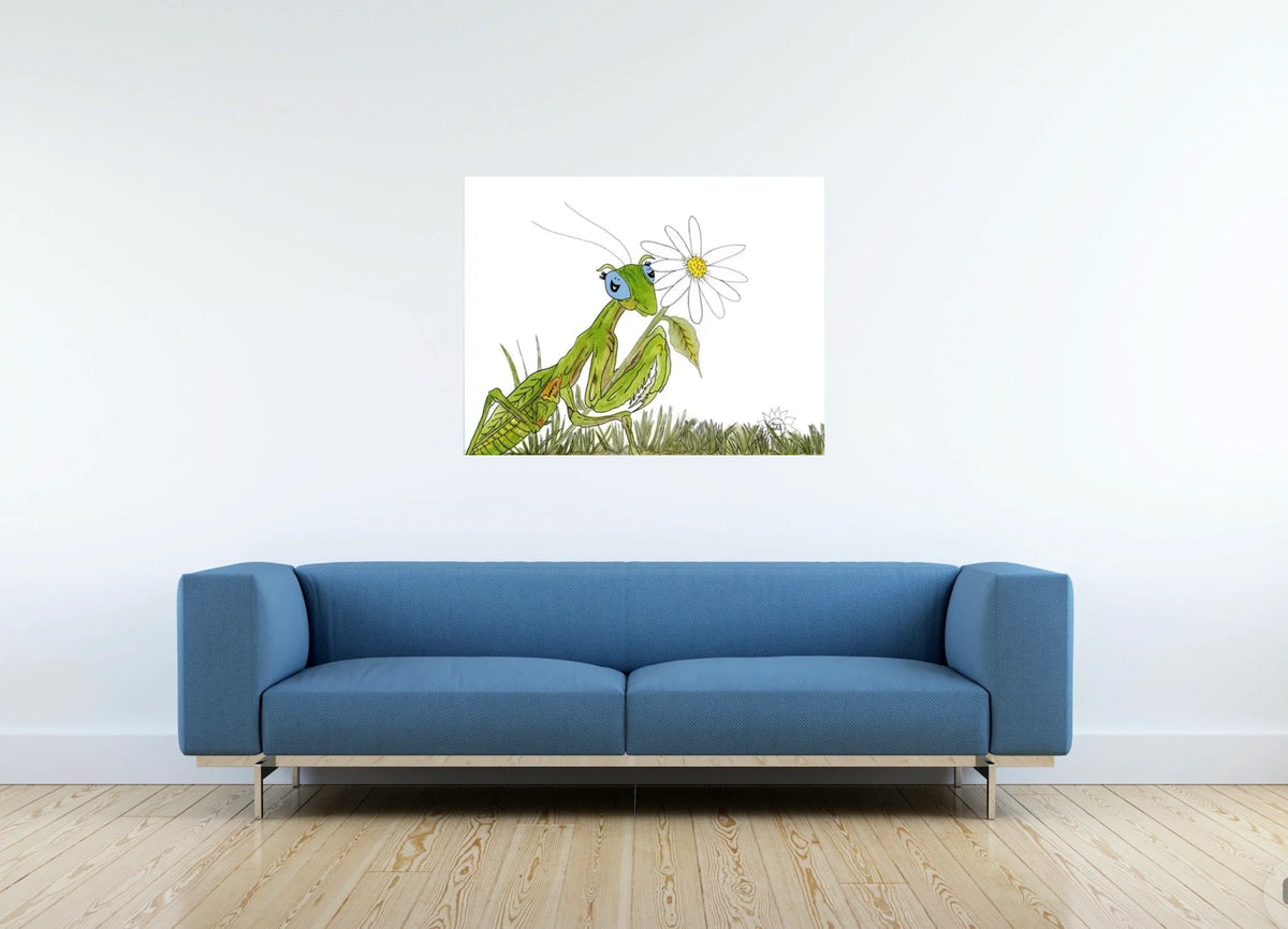 Manny The Praying Mantis - large 24 x 36 unframed art print shown hanging on a wall