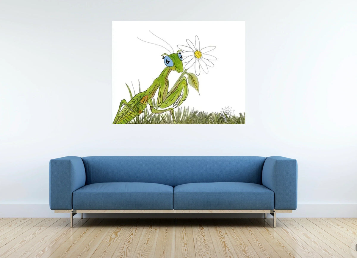 Manny The Praying Mantis - extra large 36 x 48 unframed art print shown hanging on a wall