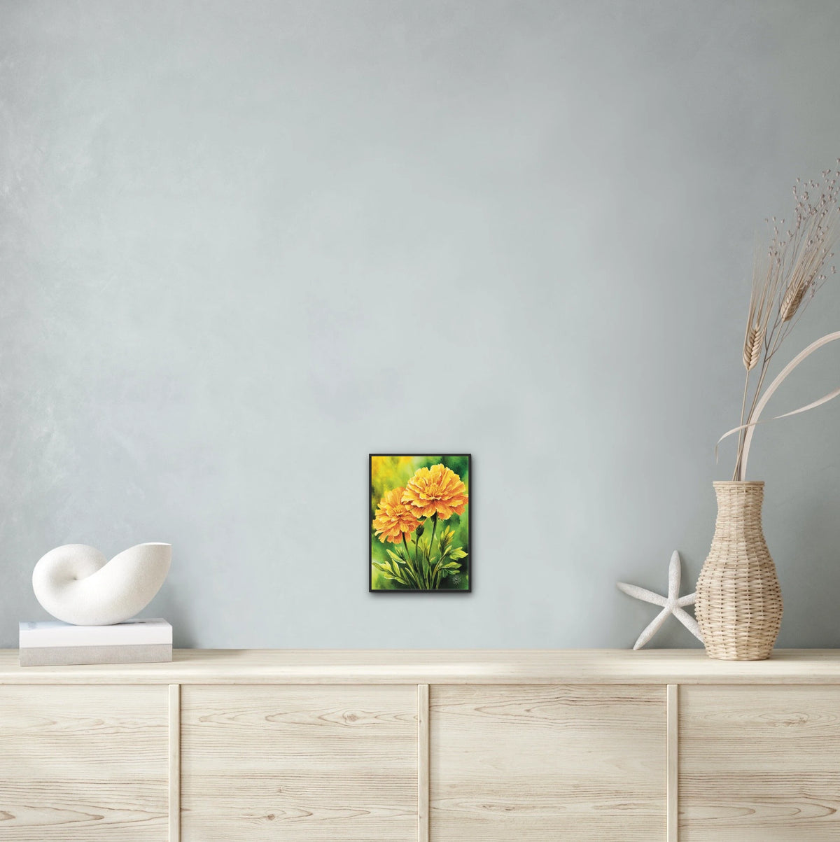 Marigolds - medium 12 x 16 framed art print shown hanging on a wall