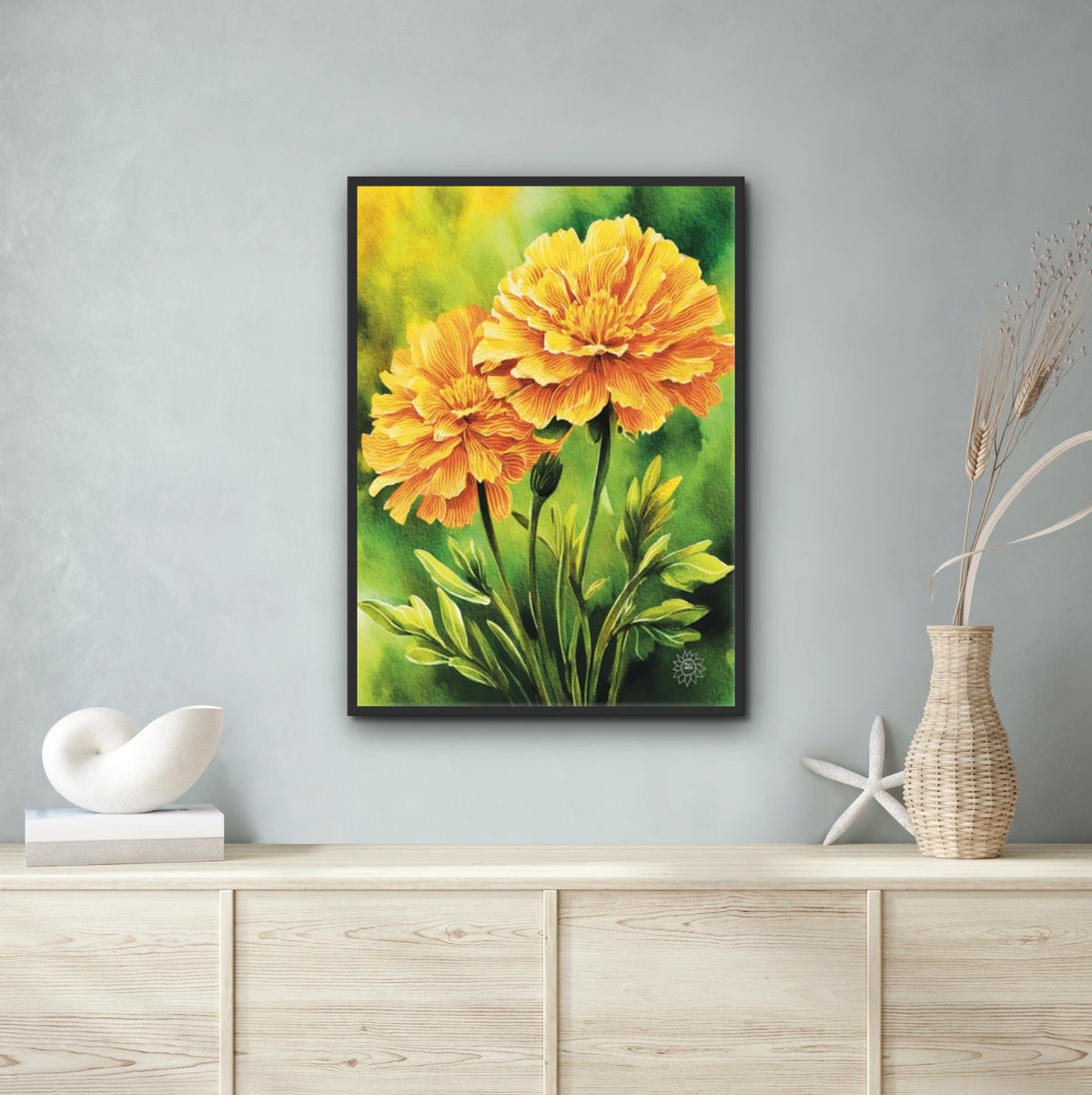 Marigolds - extra large 36 x 48 framed art print shown hanging on a wall