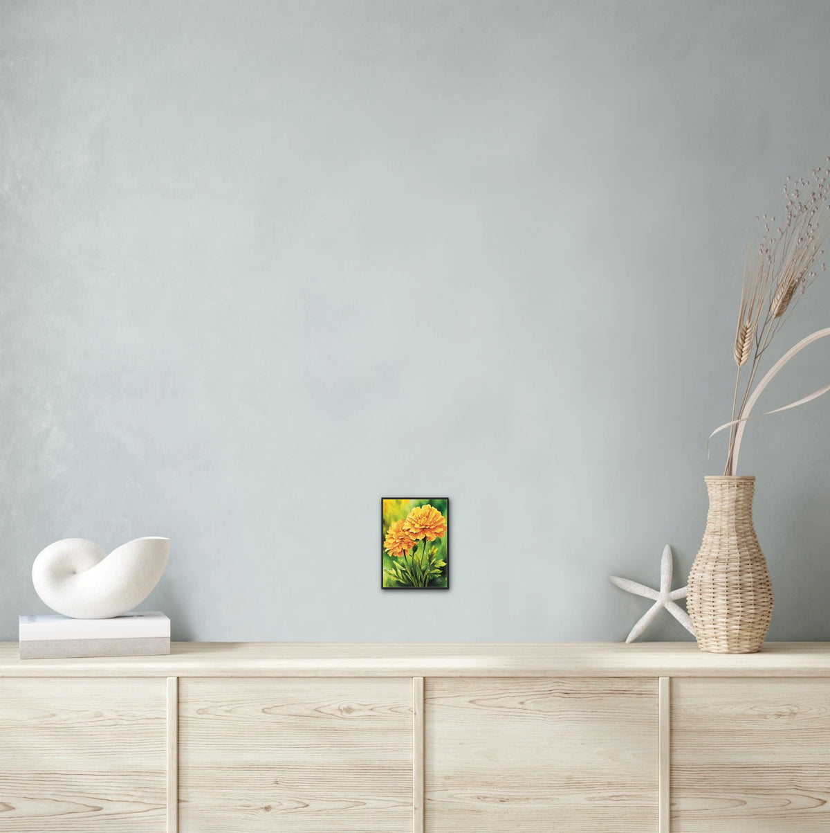 Marigolds - small 8 x 10 framed art print shown hanging on a wall