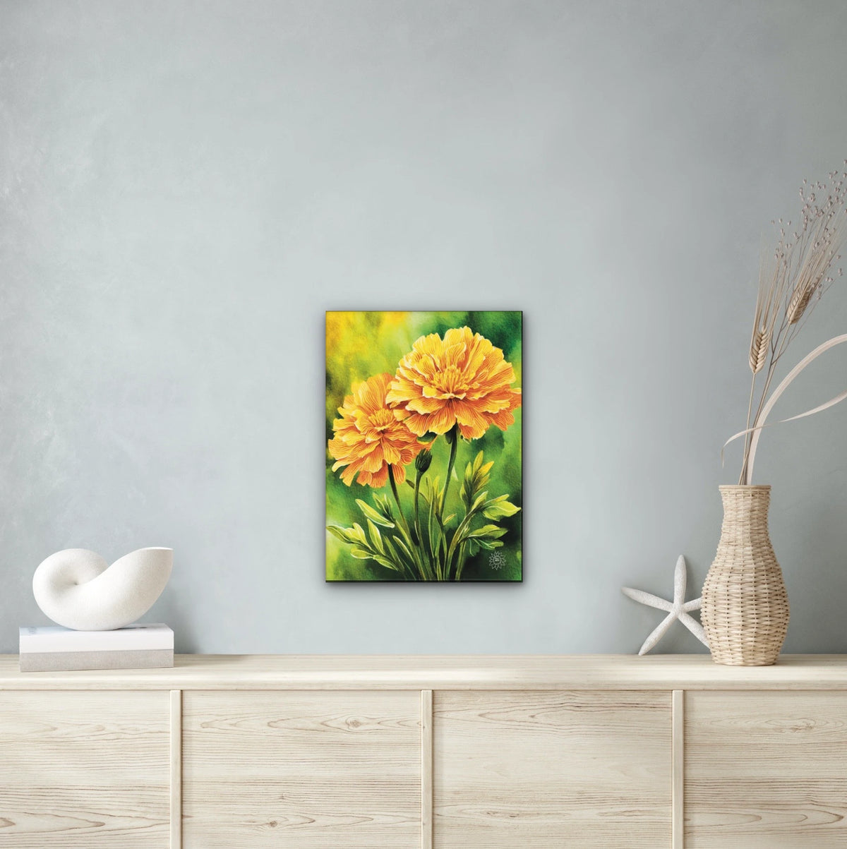 Marigolds - large 24 x 36 unframed art print shown hanging on a wall