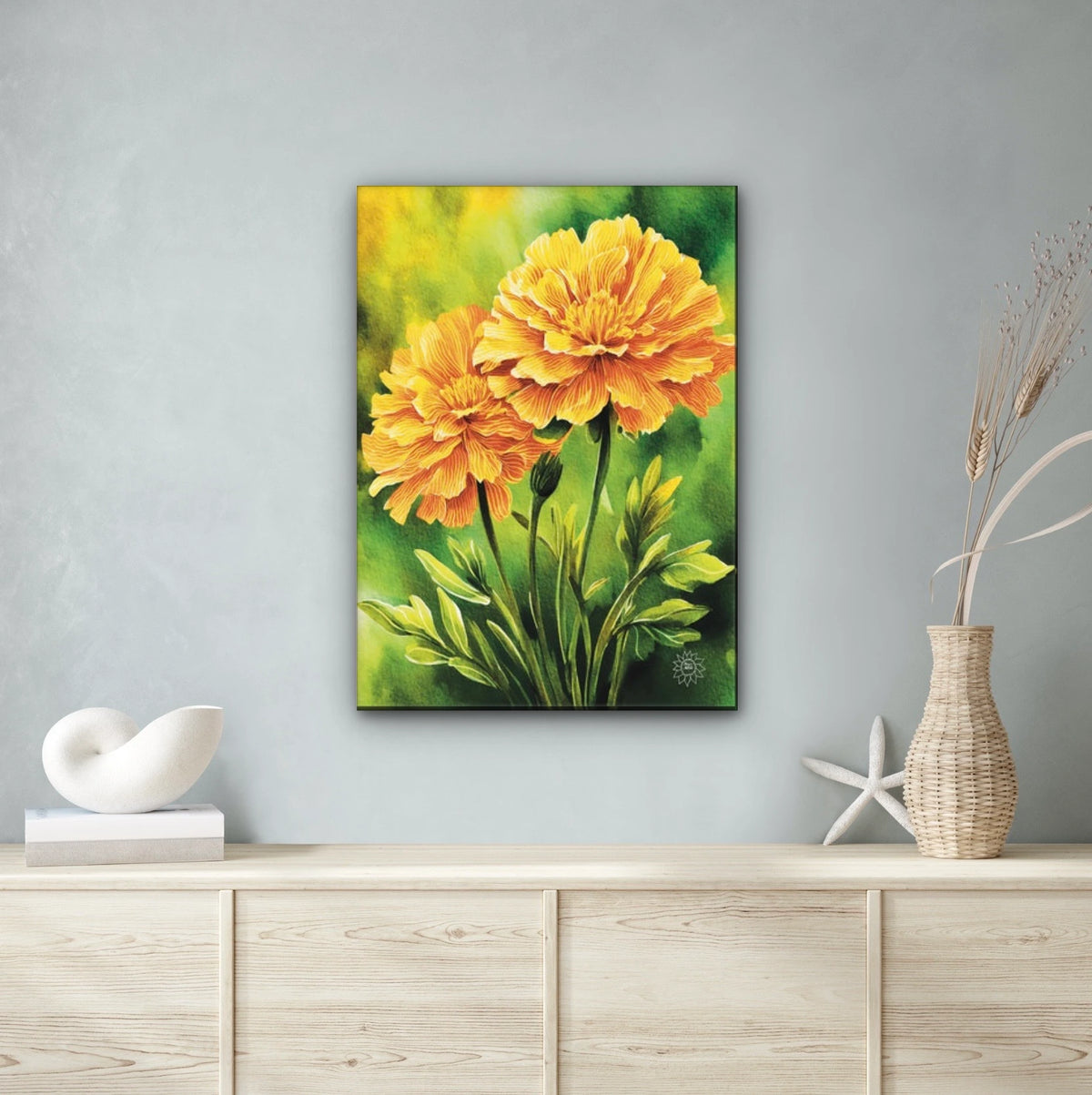 Marigolds - extra large 36 x 48 unframed art print shown hanging on a wall