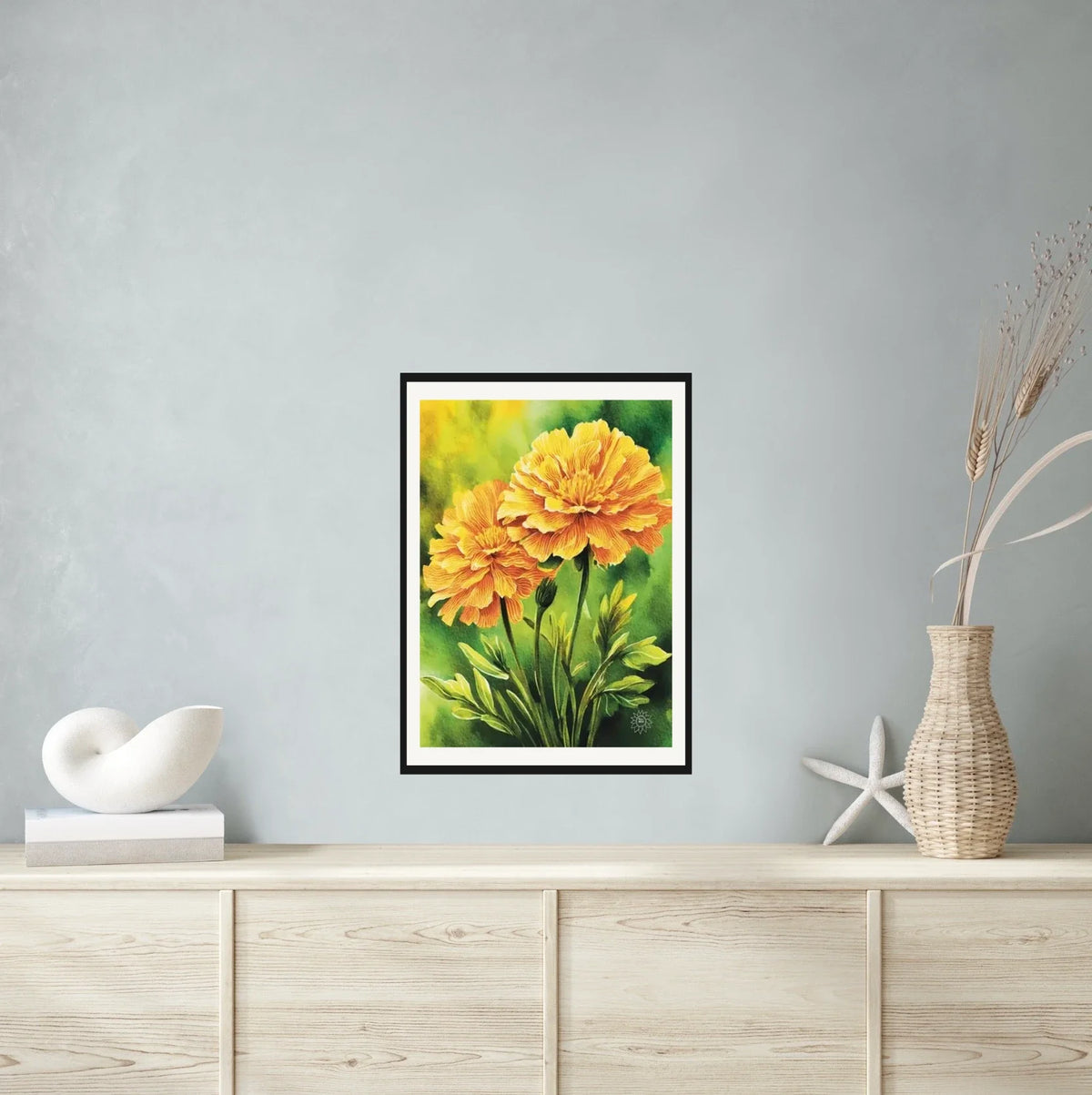 Marigolds - large 24 x 36 matted and framed art print shown hanging on a wall