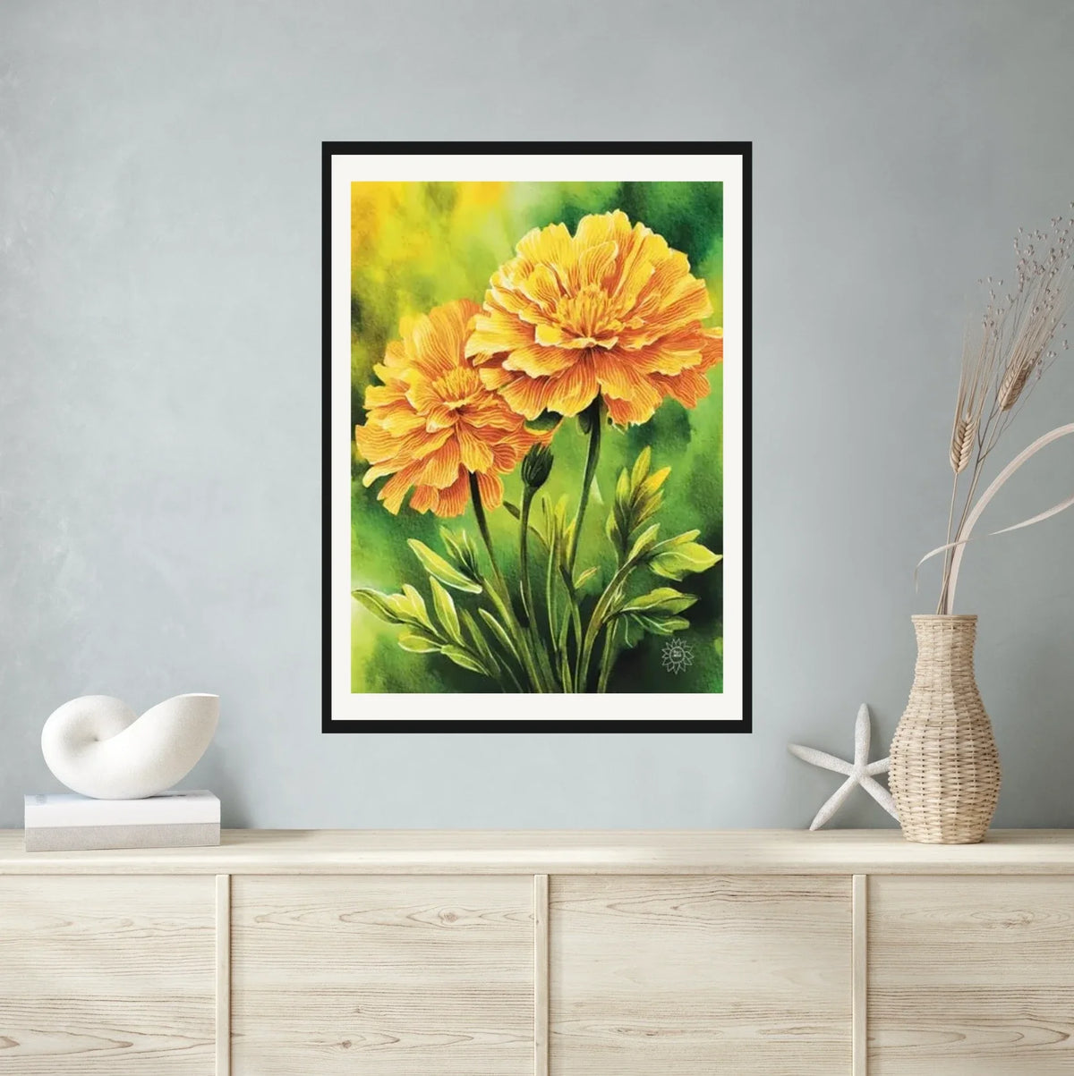 Marigolds - extra large 36 x 48 matted and framed art print shown hanging on a wall