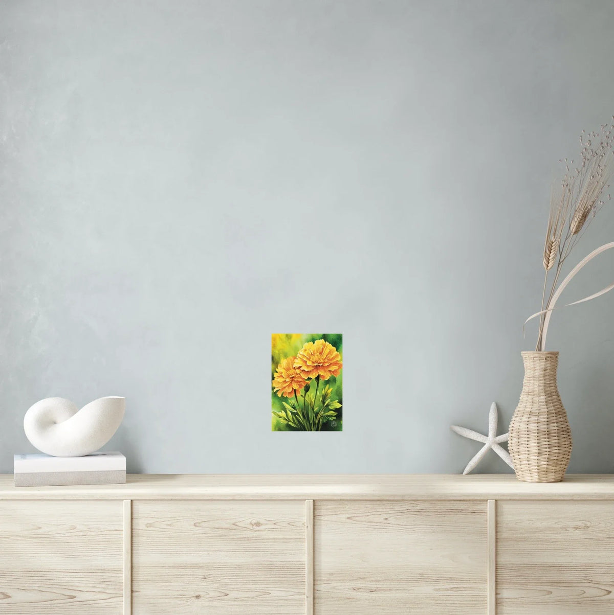 Marigolds - medium 12 x 16 unframed art print shown hanging on a wall