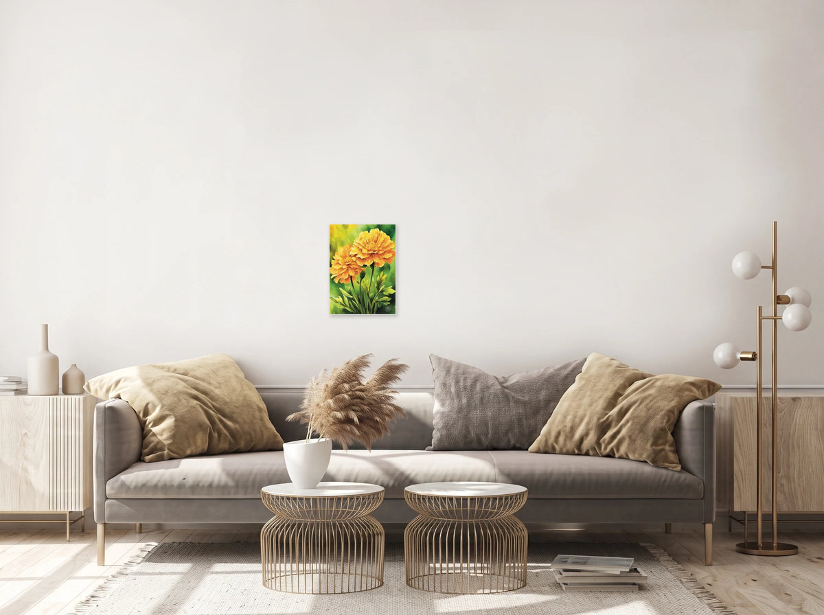 This is a medium 12 x 16 unframed watercolor art print of orange marigolds in bloom. Created by professional artists, this high-quality watercolor print on textured matte paper adds a touch of character to any home or office decor.