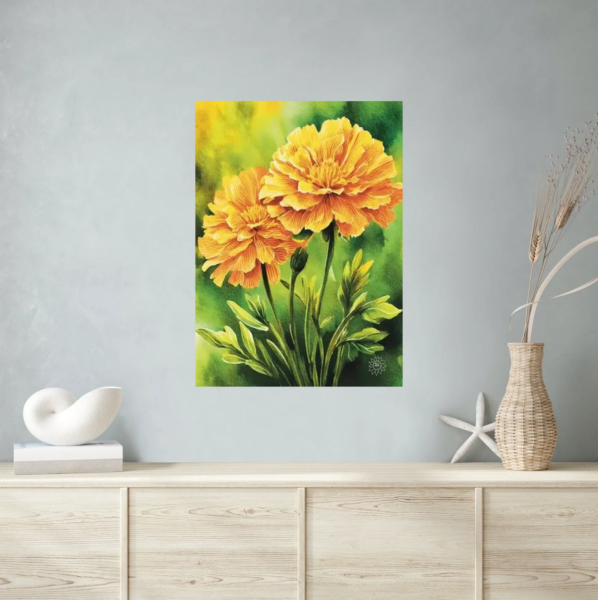 Marigolds - extra large 36 x 48 unframed art print shown hanging on a wall