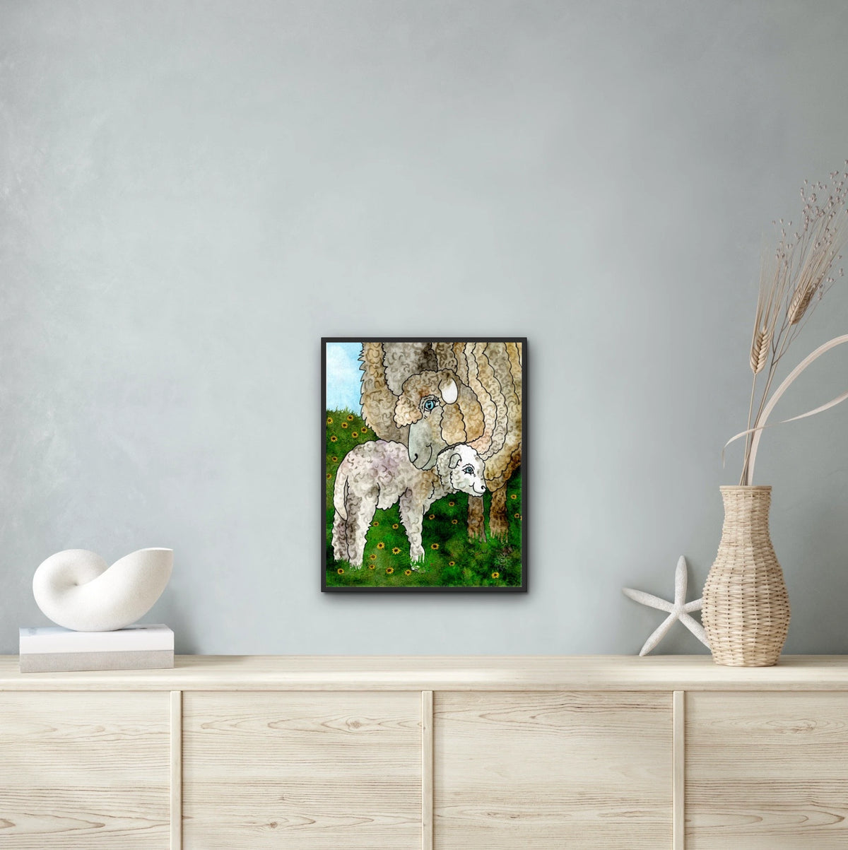 Matilda And Giggles the Sheep - large 24 x 36 framed art print shown hanging on a wall