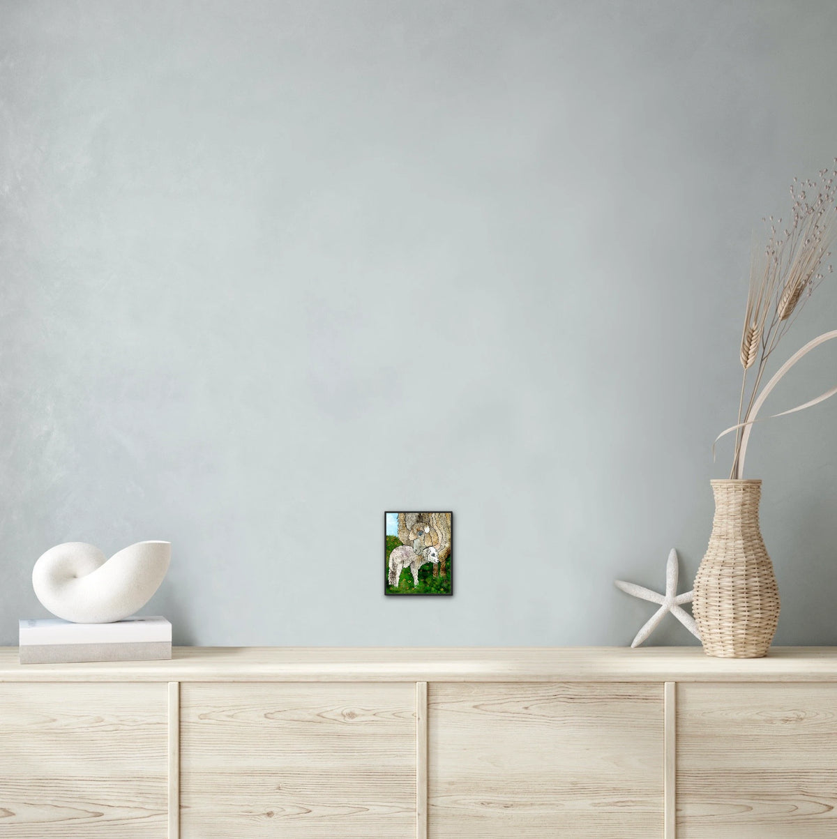 Matilda And Giggles the Sheep - small 8 x 10 framed art print shown hanging on a wall