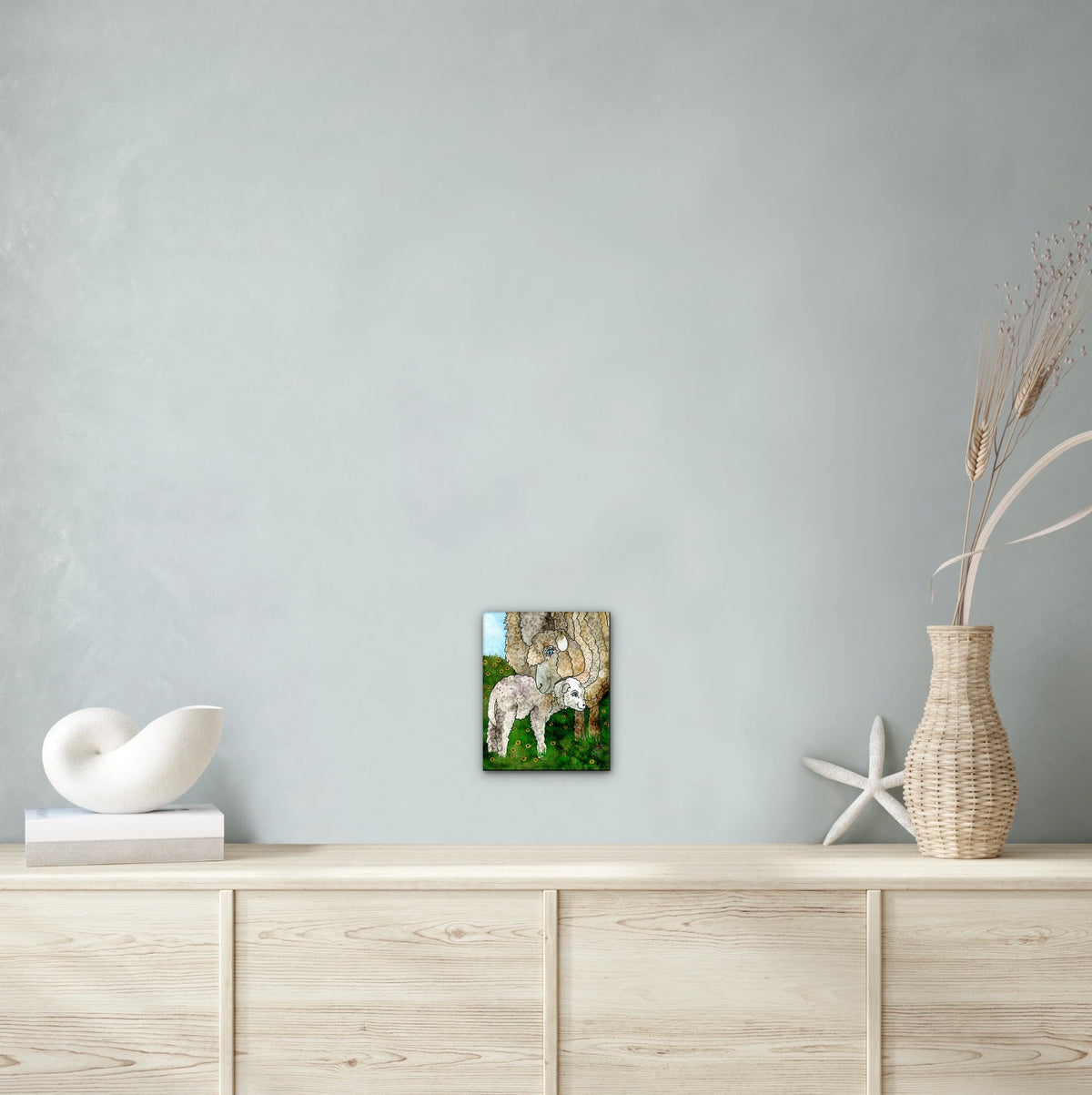 Matilda And Giggles the Sheep - medium 12 x 16 unframed art print shown hanging on a wall