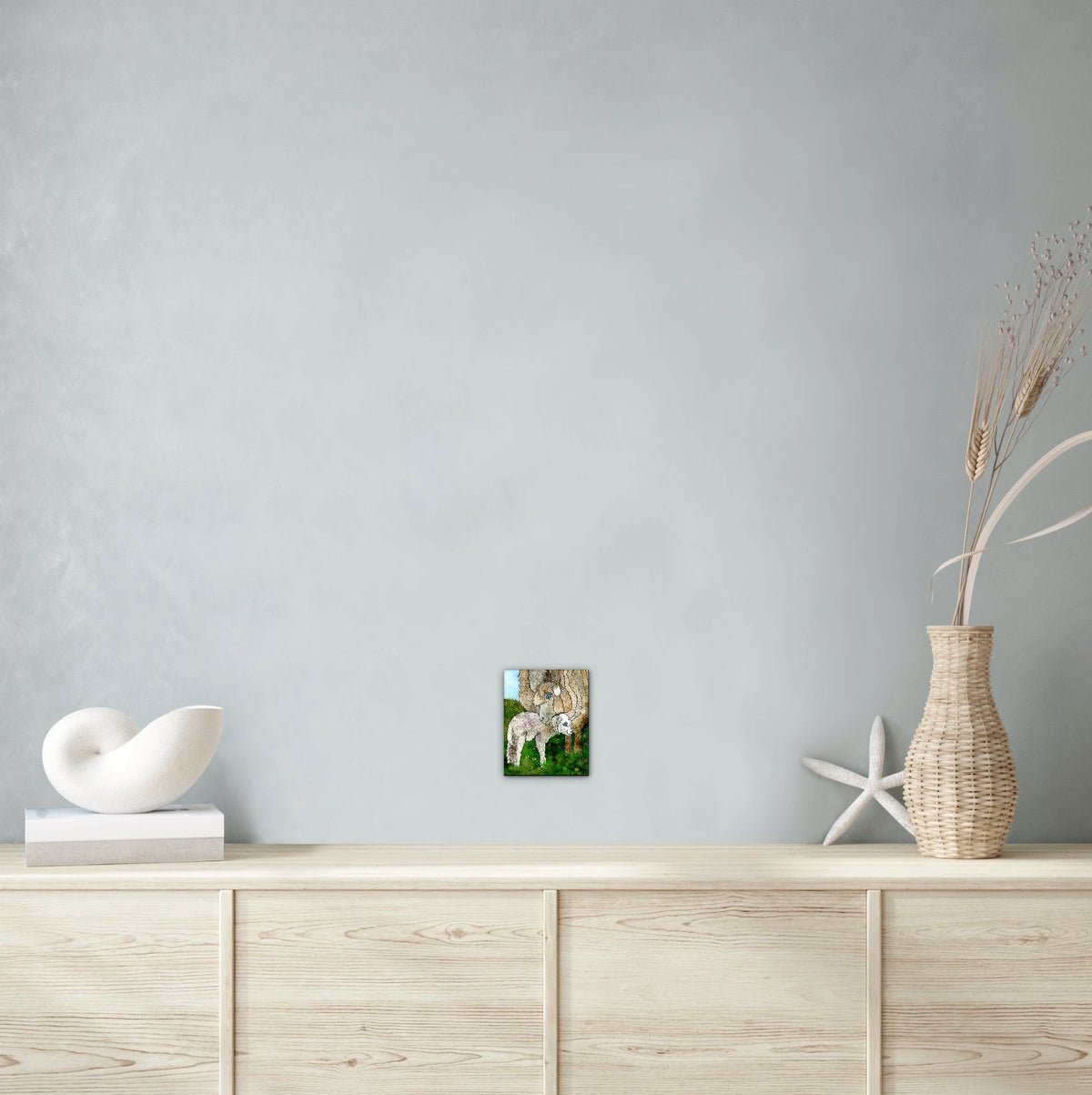 Matilda And Giggles the Sheep - small 8 x 10 unframed art print shown hanging on a wall