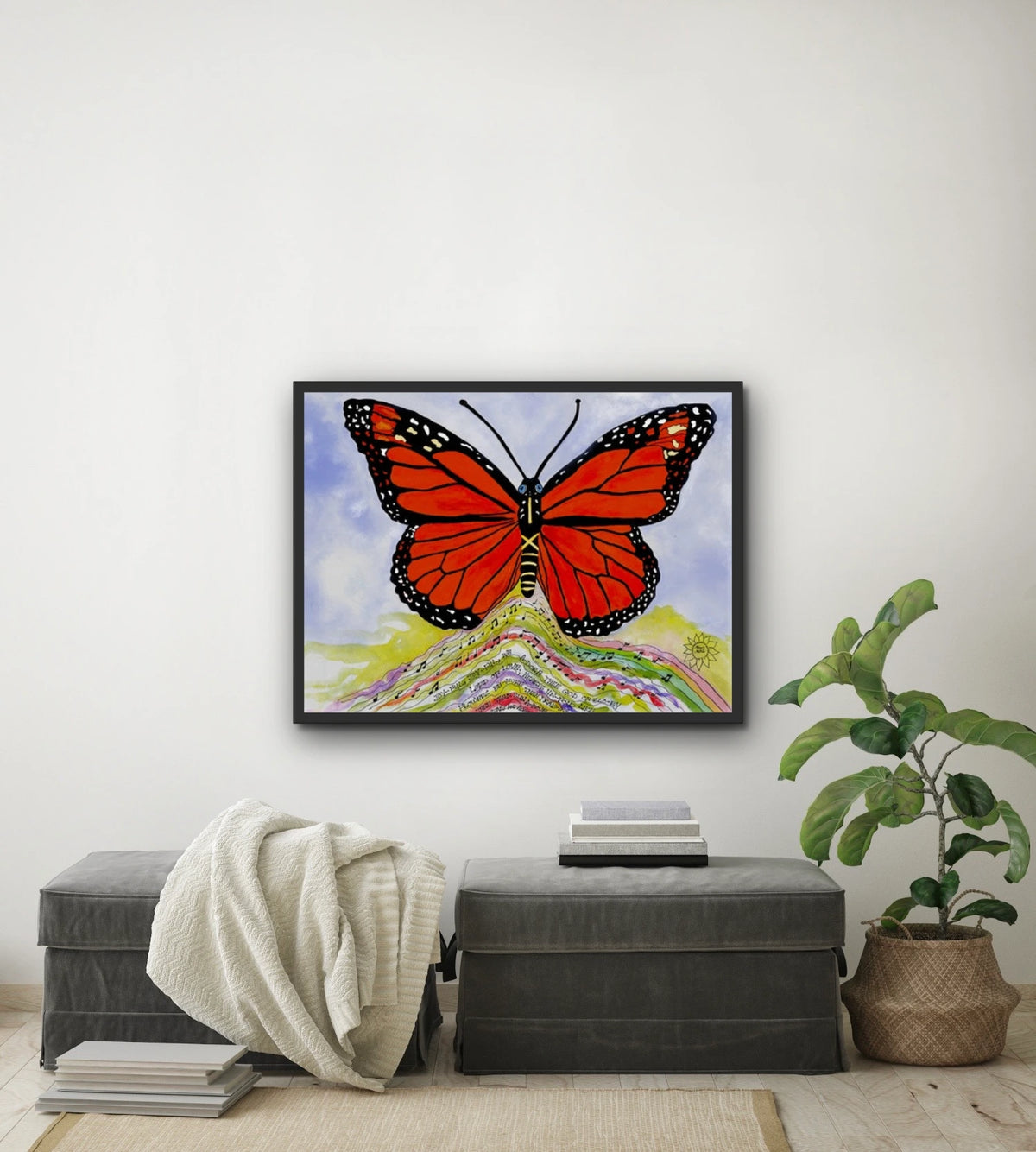 Maya Monarch - large 24 x 36 framed art print shown hanging on a wall