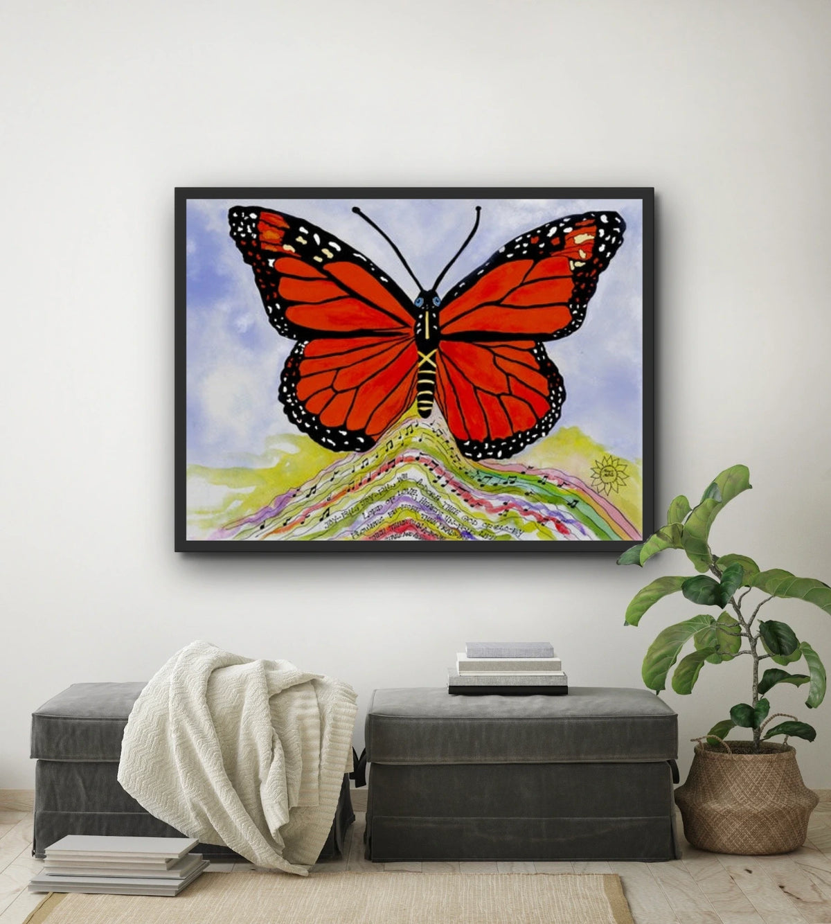 Maya Monarch - extra large 36 x 48 framed art print shown hanging on a wall