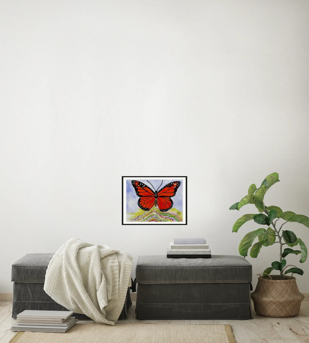 Maya Monarch - medium 12 x 16 matted and framed art print shown hanging on a wall