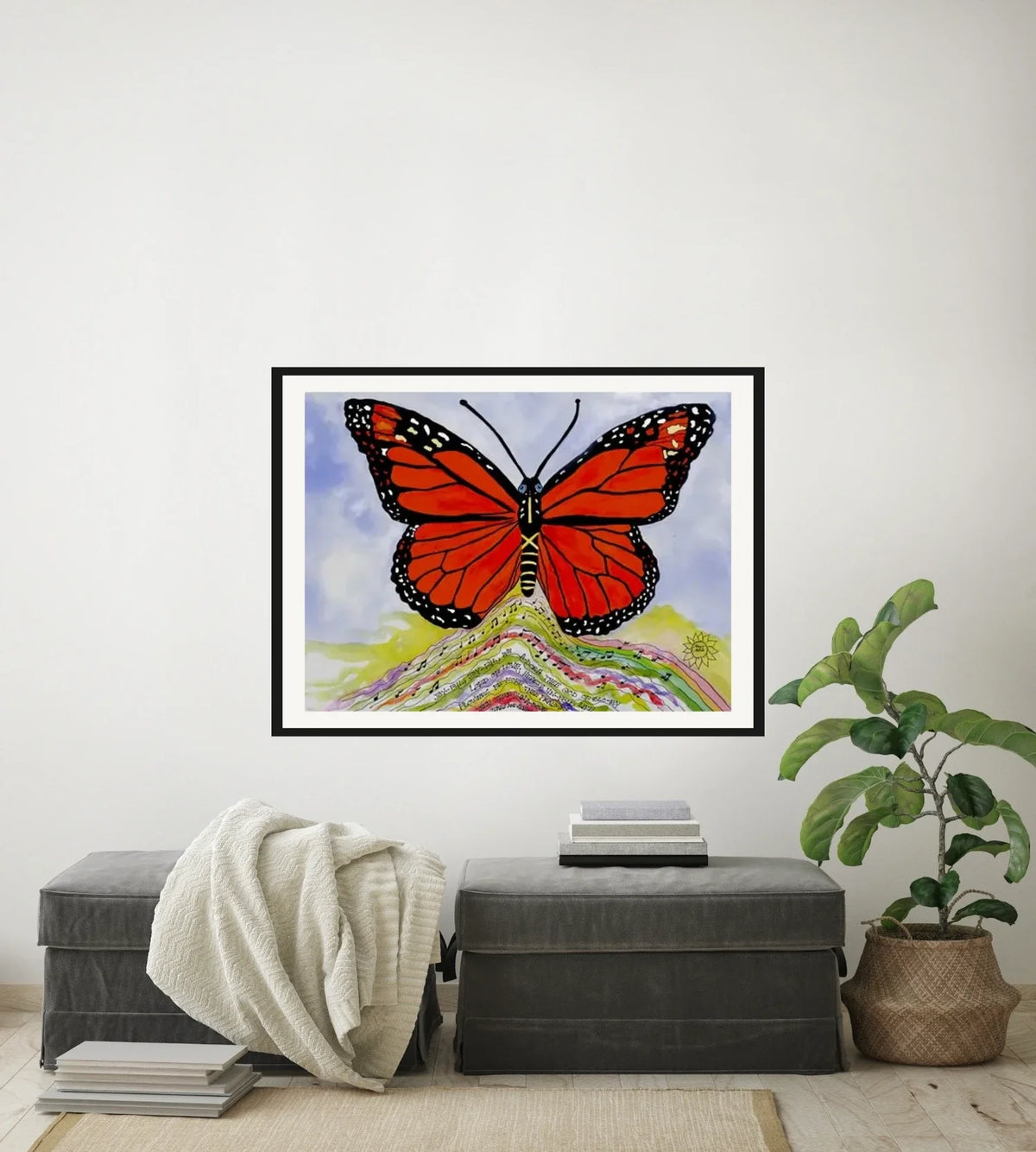 Maya Monarch - large 24 x 36 matted and framed art print shown hanging on a wall