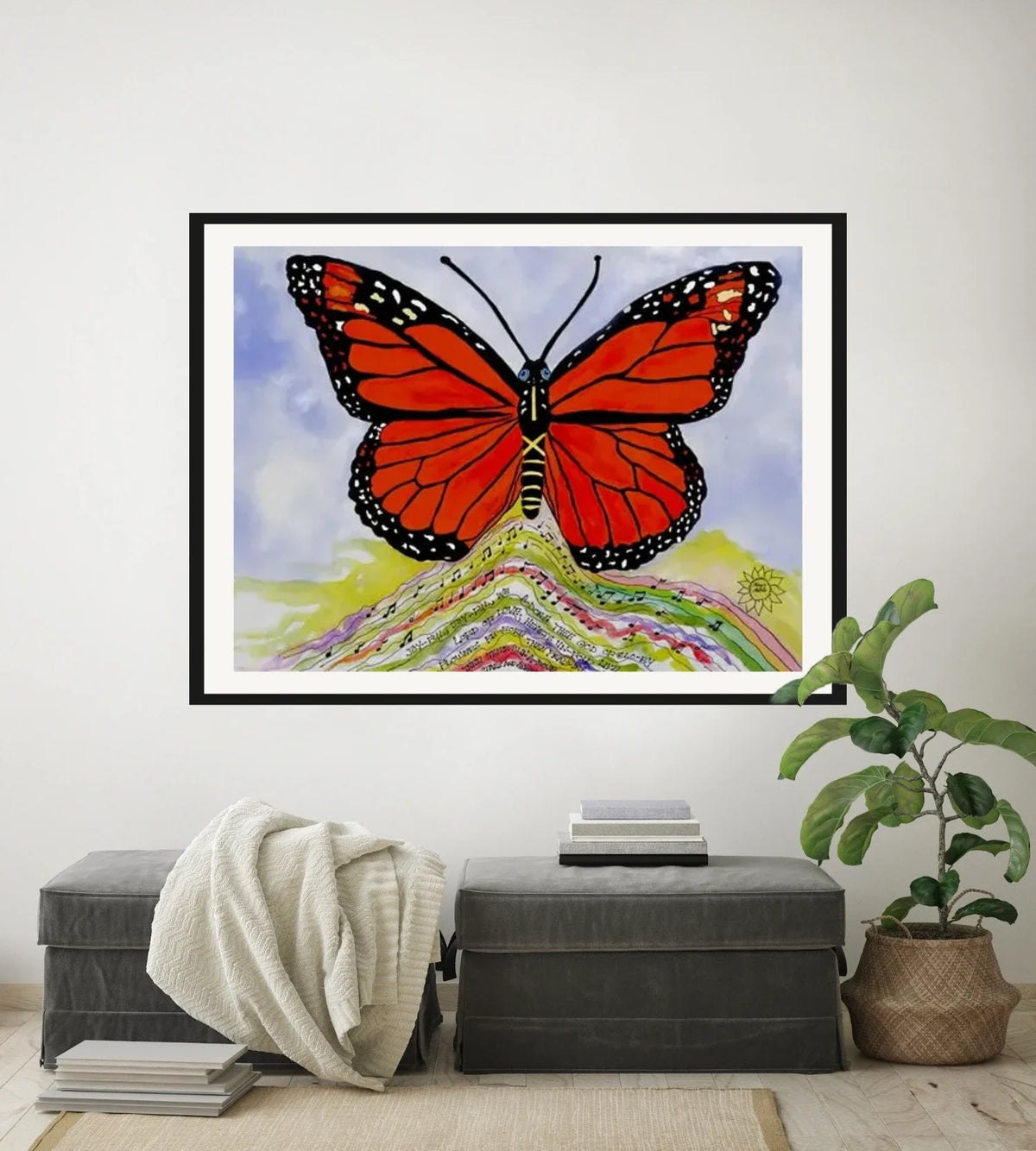 Maya Monarch - extra large 36 x 48 matted and framed art print shown hanging on a wall