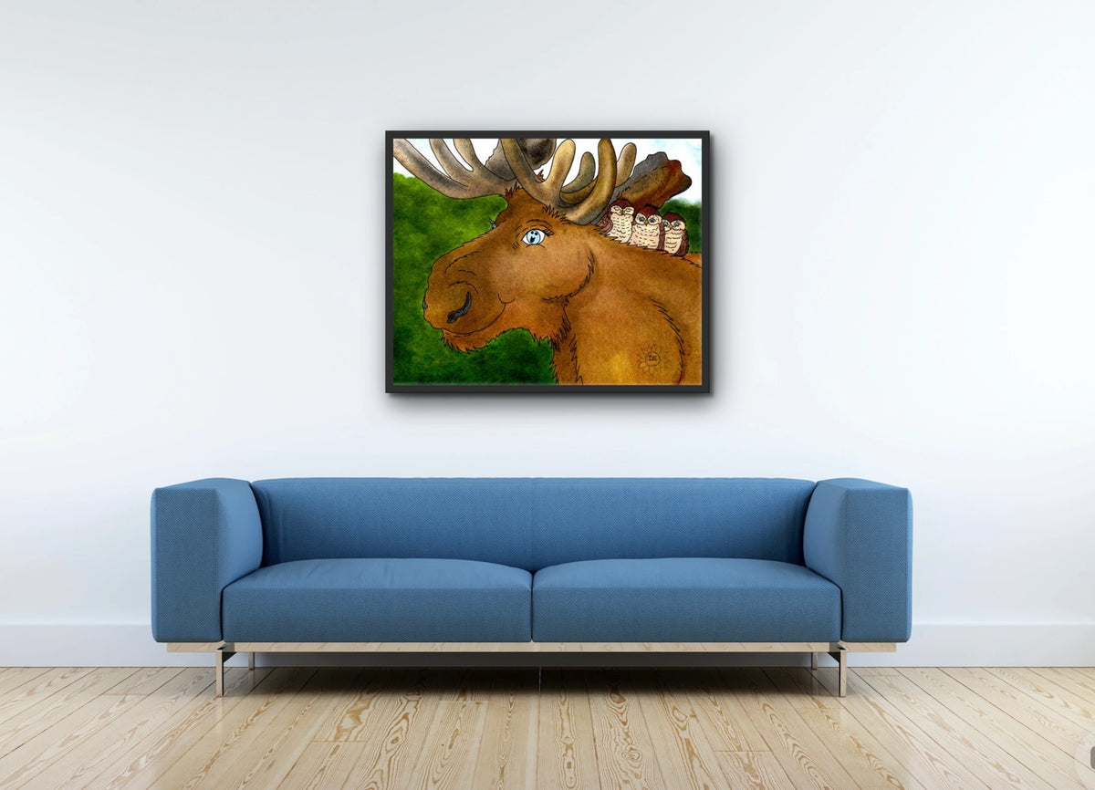 Meredith Moose and Friends - large 24 x 36 framed art print shown hanging on a wall