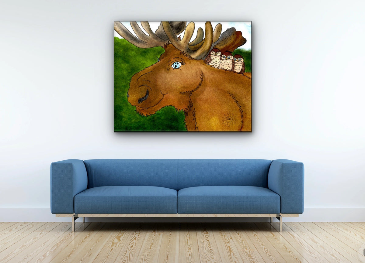 Meredith Moose and Friends - extra large 36 x 48 unframed art print shown hanging on a wall