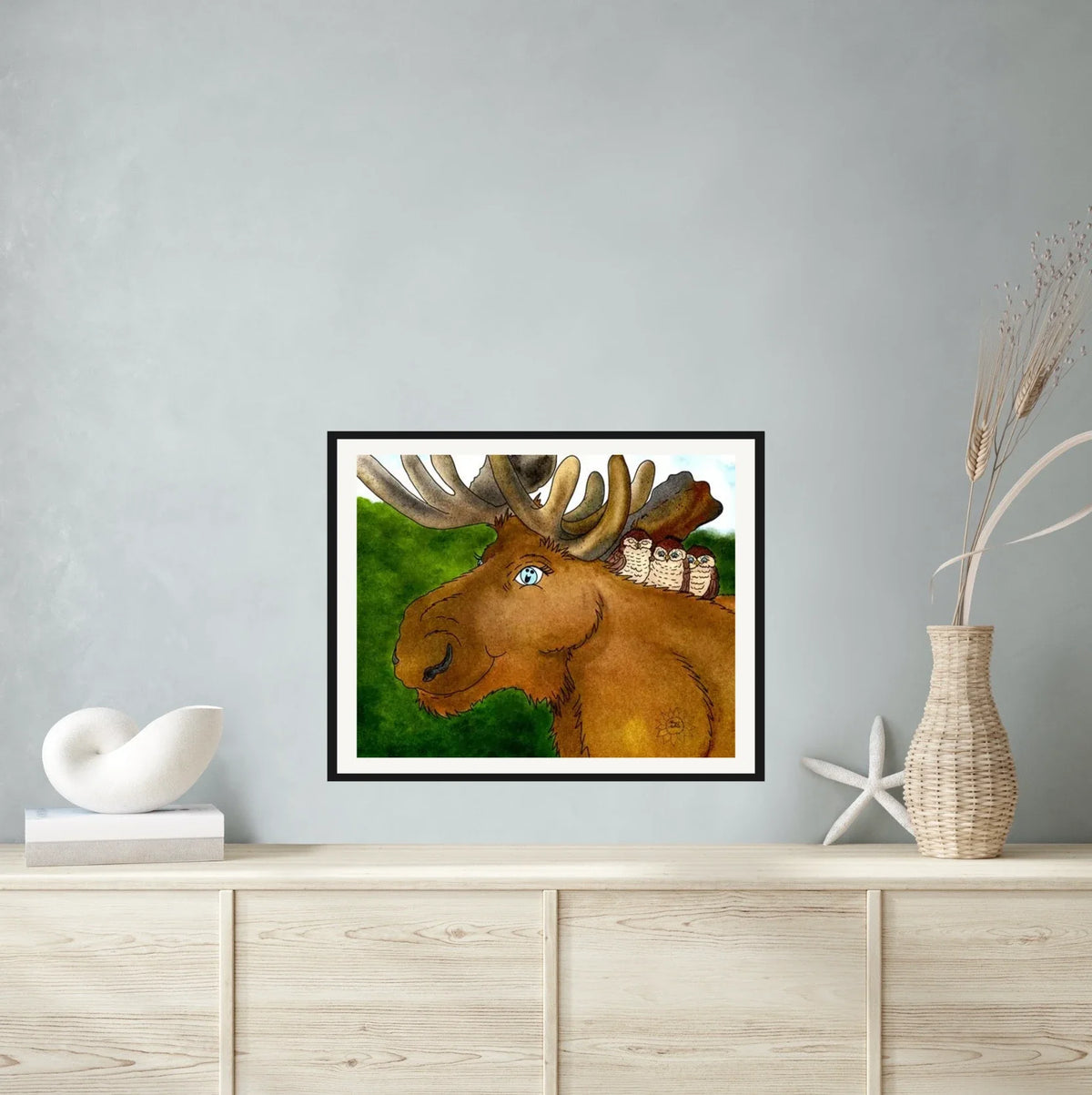 Meredith Moose and Friends - large 24 x 36 matted and framed art print shown hanging on a wall