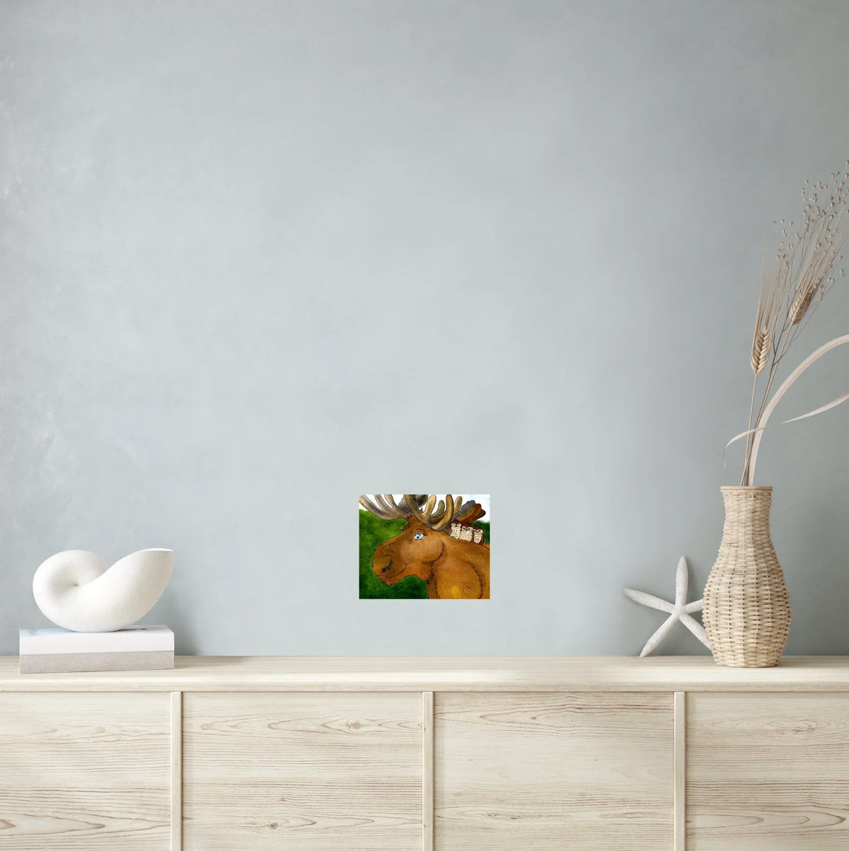 Meredith Moose and Friends - medium 12 x 16 unframed art print shown hanging on a wall