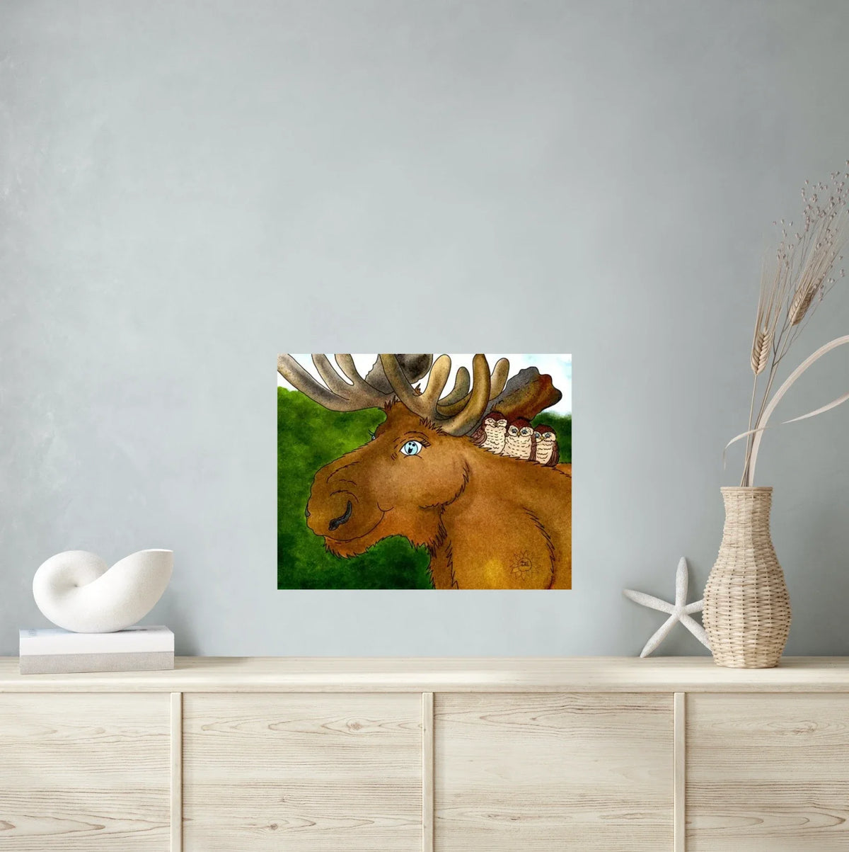 Meredith Moose and Friends - large 24 x 36 unframed art print shown hanging on a wall
