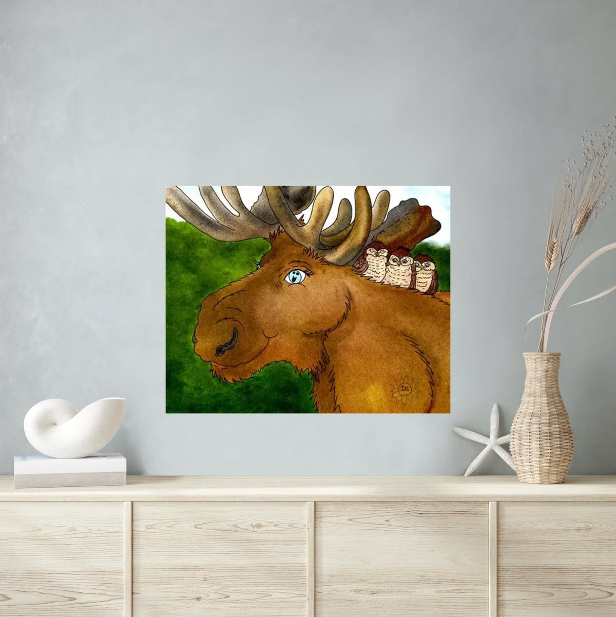 Meredith Moose and Friends - extra large 36 x 48 unframed art print shown hanging on a wall