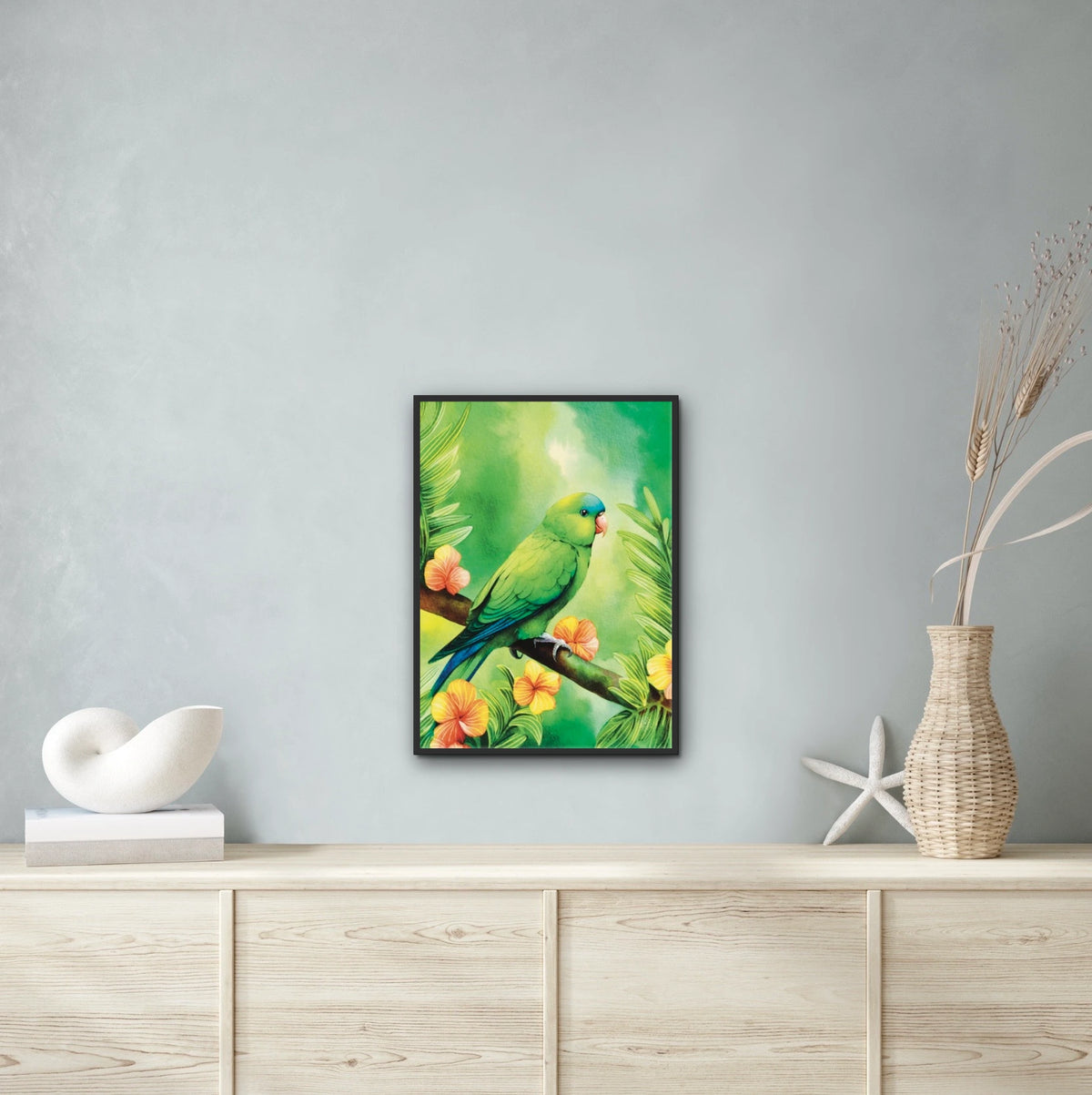 Mexican Parrotlet - large 24 x 36 framed art print shown hanging on a wall