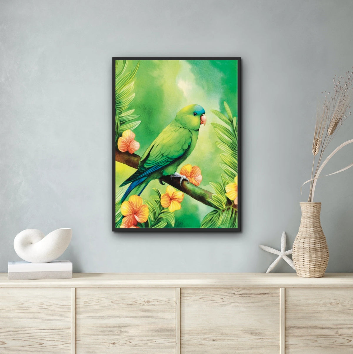 Mexican Parrotlet - extra large 36 x 48 framed art print shown hanging on a wall