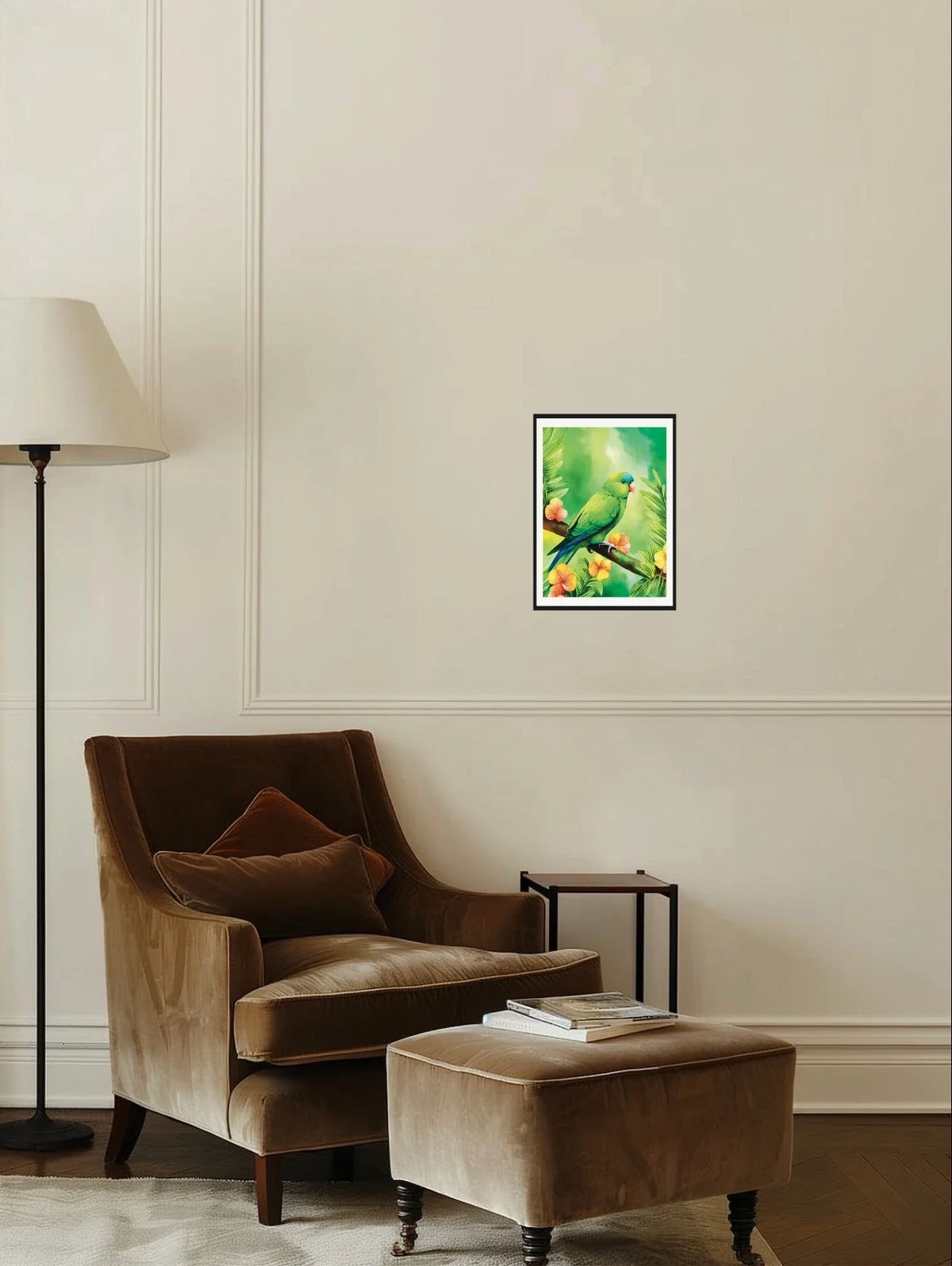 Mexican Parrotlet - medium 12 x 16 matted and framed art print shown hanging on a wall