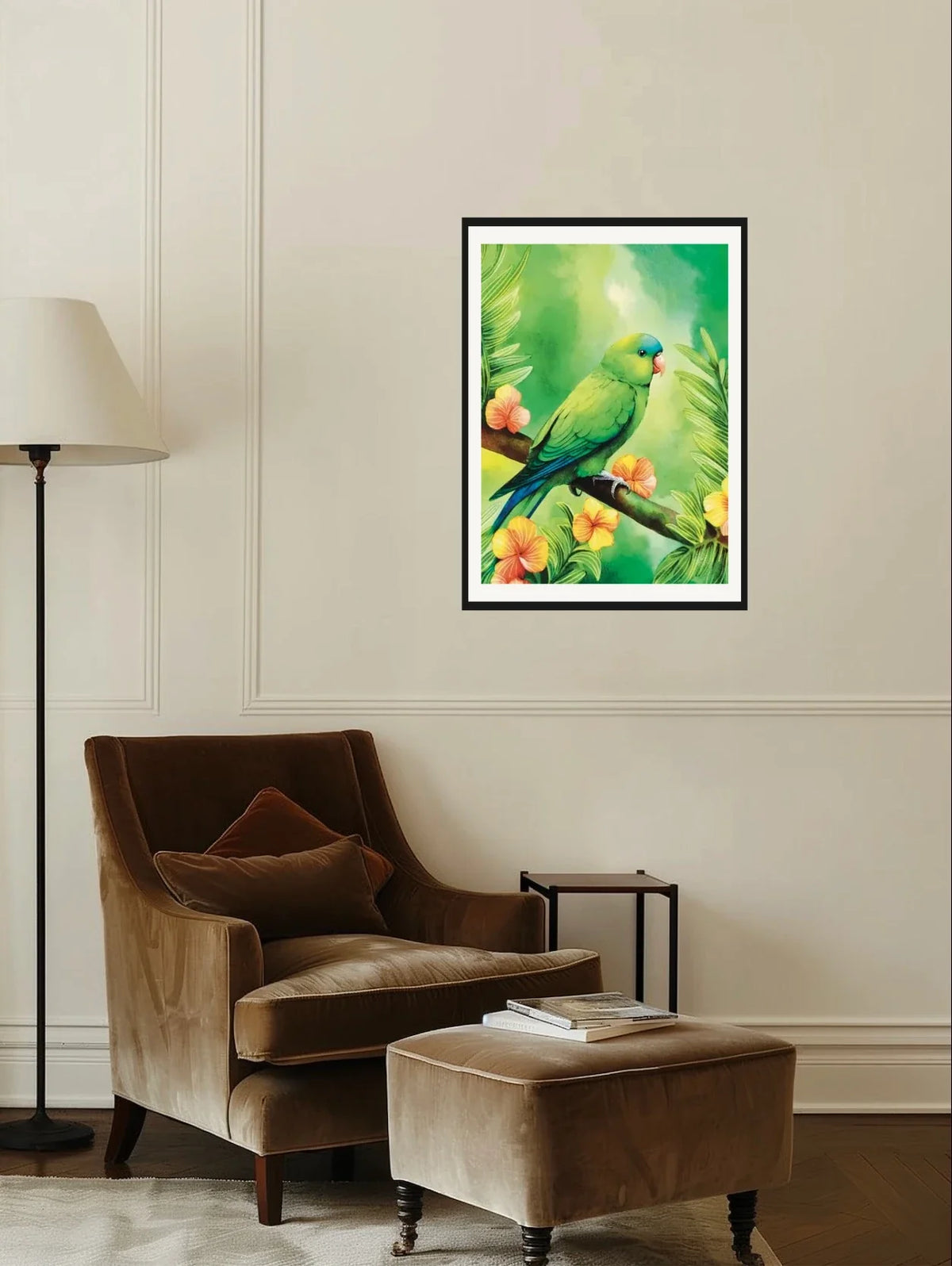 Mexican Parrotlet - large 24 x 36 matted and framed art print shown hanging on a wall