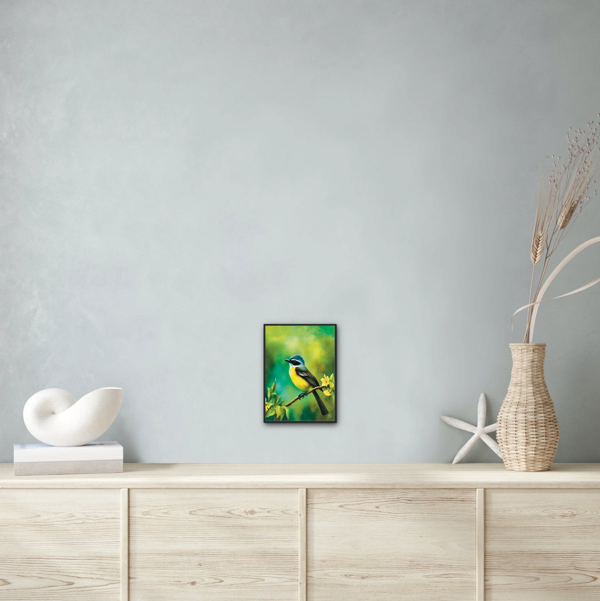 Mexican Social Flycatcher - medium 12 x 16 framed art print shown hanging on a wall