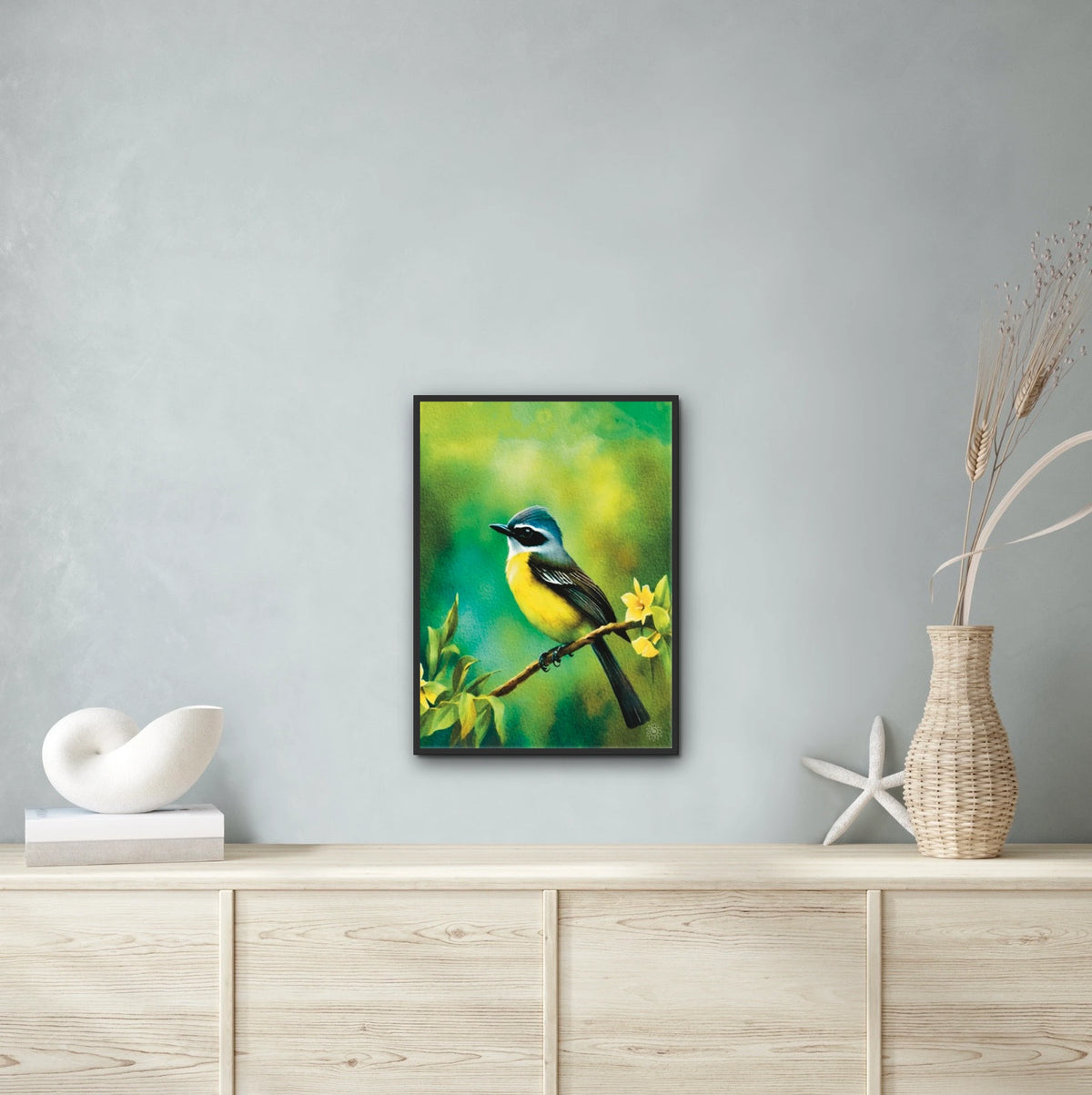 Mexican Social Flycatcher - large 24 x 36 framed art print shown hanging on a wall
