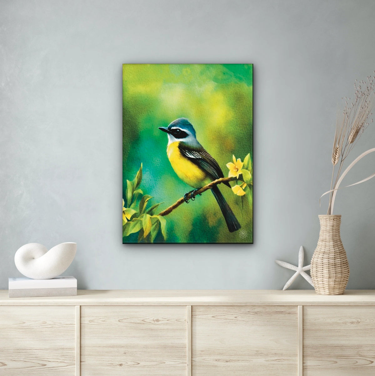 Mexican Social Flycatcher - extra large 36 x 48 unframed art print shown hanging on a wall