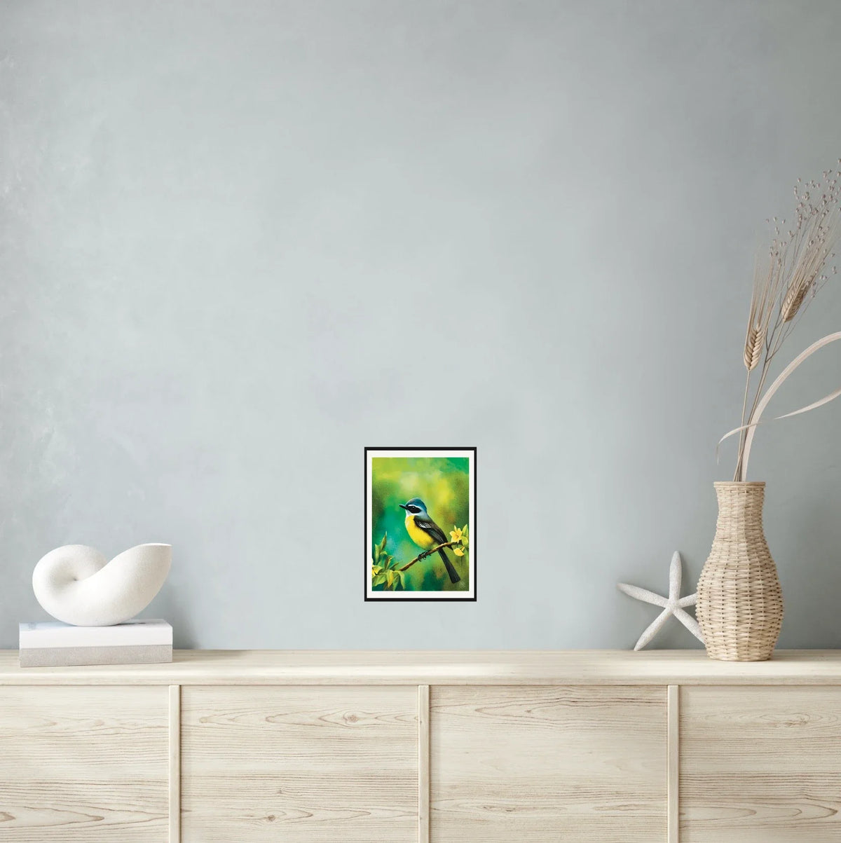 Mexican Social Flycatcher - medium 12 x 16 matted and framed art print shown hanging on a wall