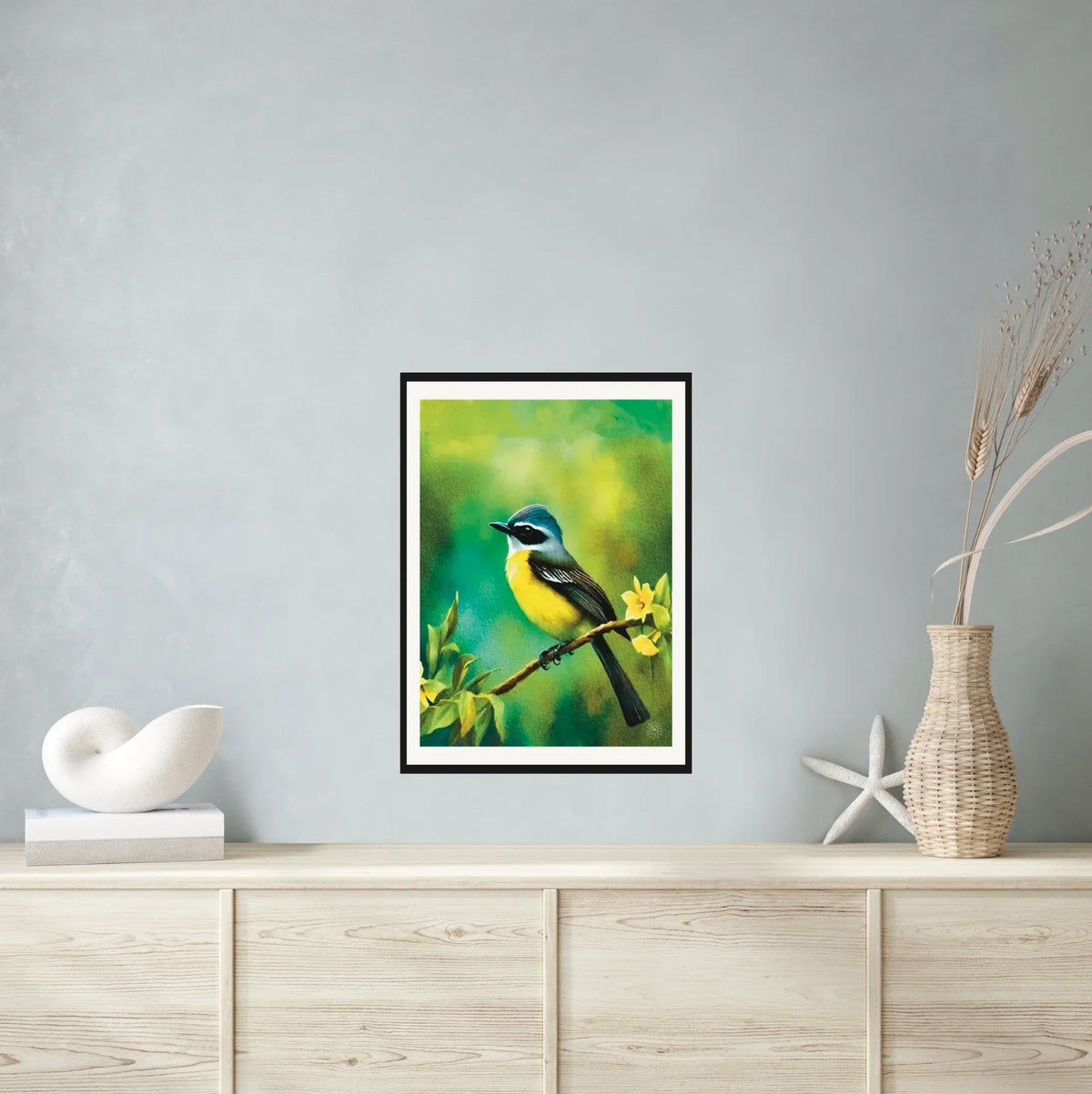 Mexican Social Flycatcher - large 24 x 36 matted and framed art print shown hanging on a wall