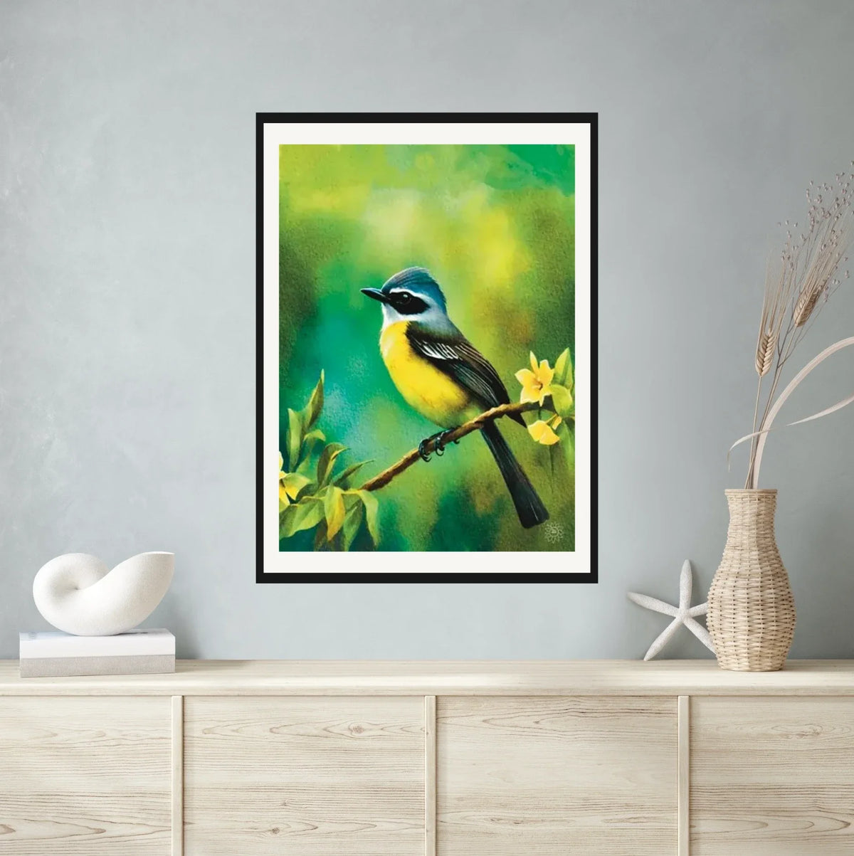 Mexican Social Flycatcher - extra large 36 x 48 matted and framed art print shown hanging on a wall