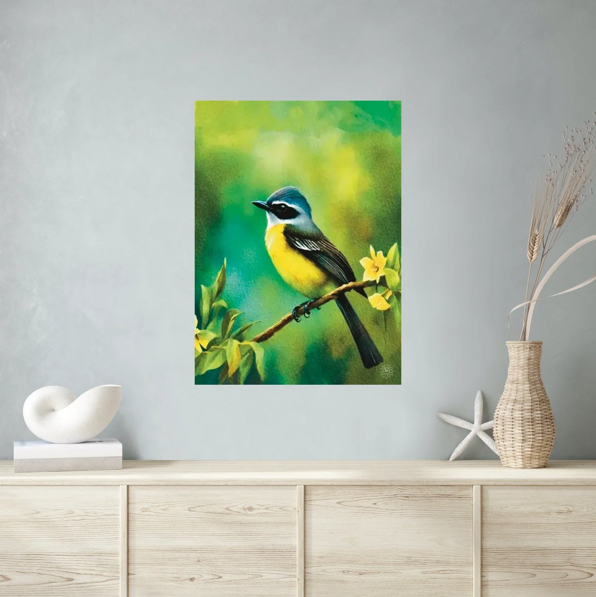 Mexican Social Flycatcher - extra large 36 x 48 unframed art print shown hanging on a wall