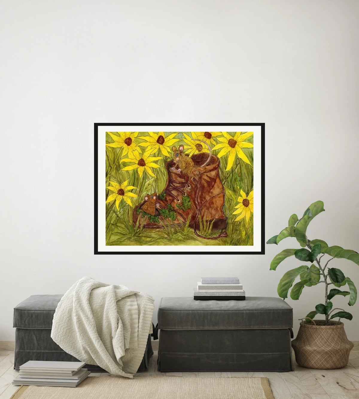 Mice in a Boot - large 24 x 36 matted and framed art print shown hanging on a wall