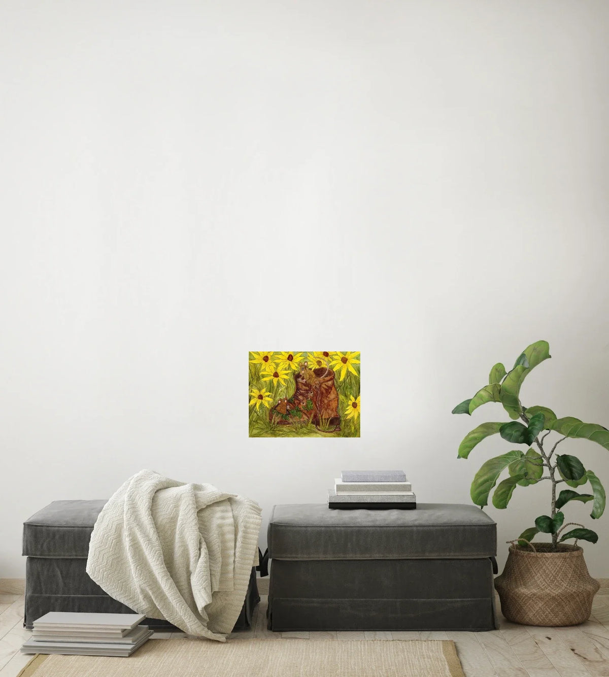Mice in a Boot - medium 12 x 16 unframed art print shown hanging on a wall