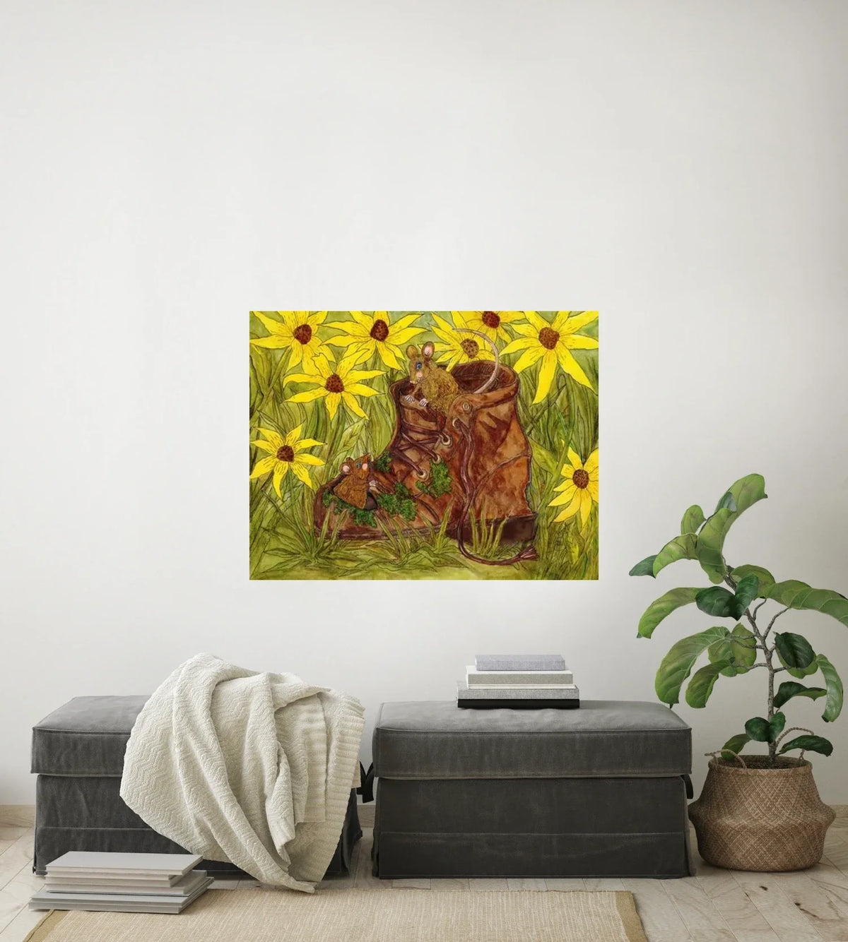 Mice in a Boot - large 24 x 36 unframed art print shown hanging on a wall